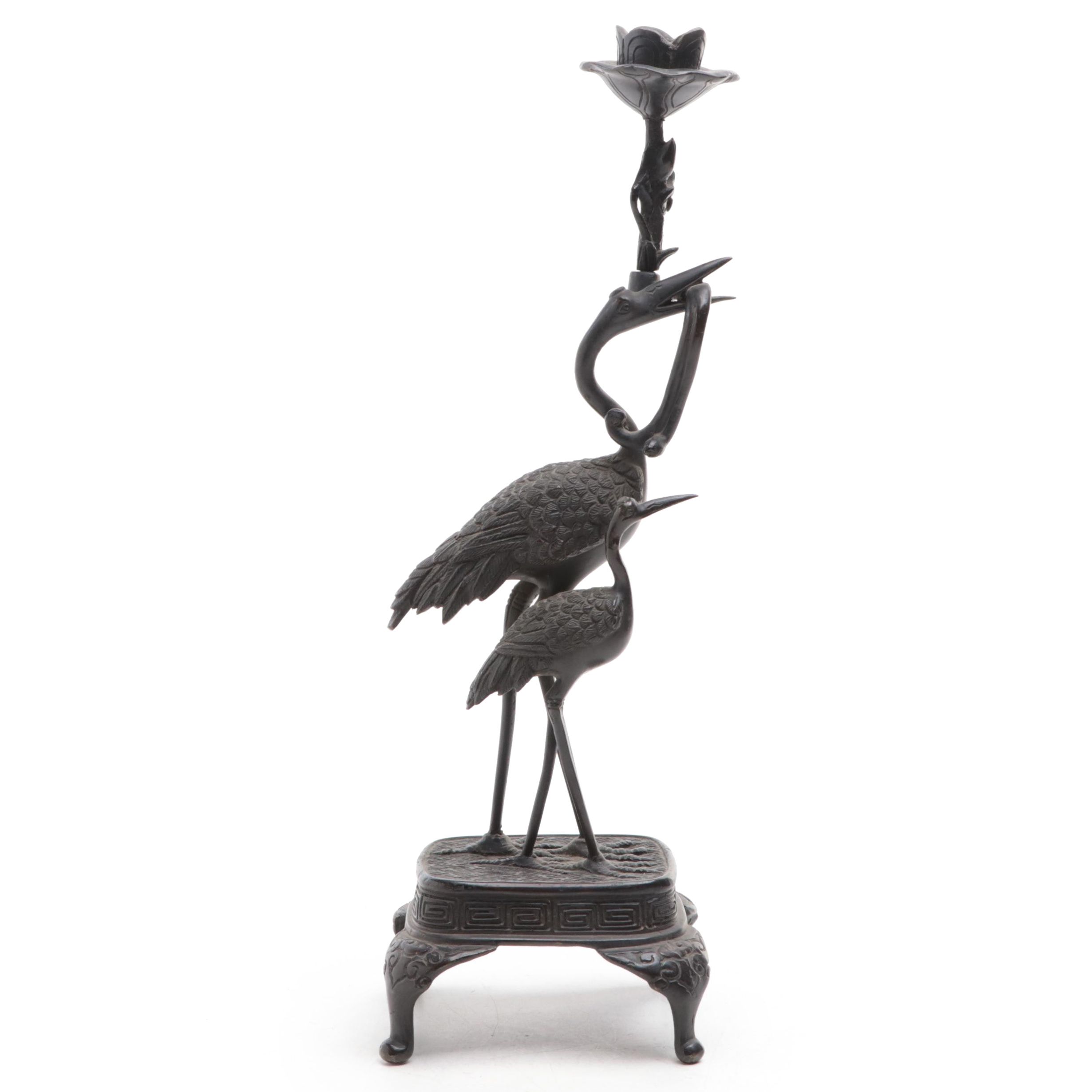 Japanese Bronze Crane and Snake Candle Holder