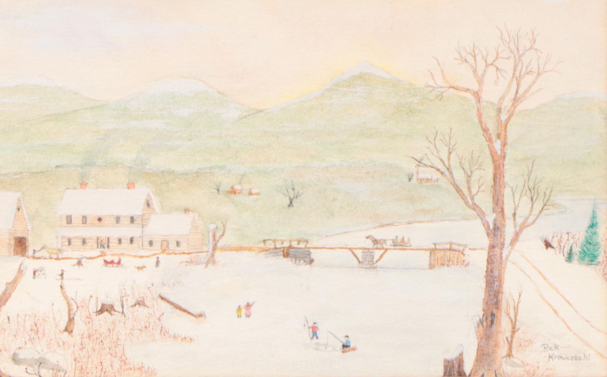 Watercolor Painting of Winter Landscape