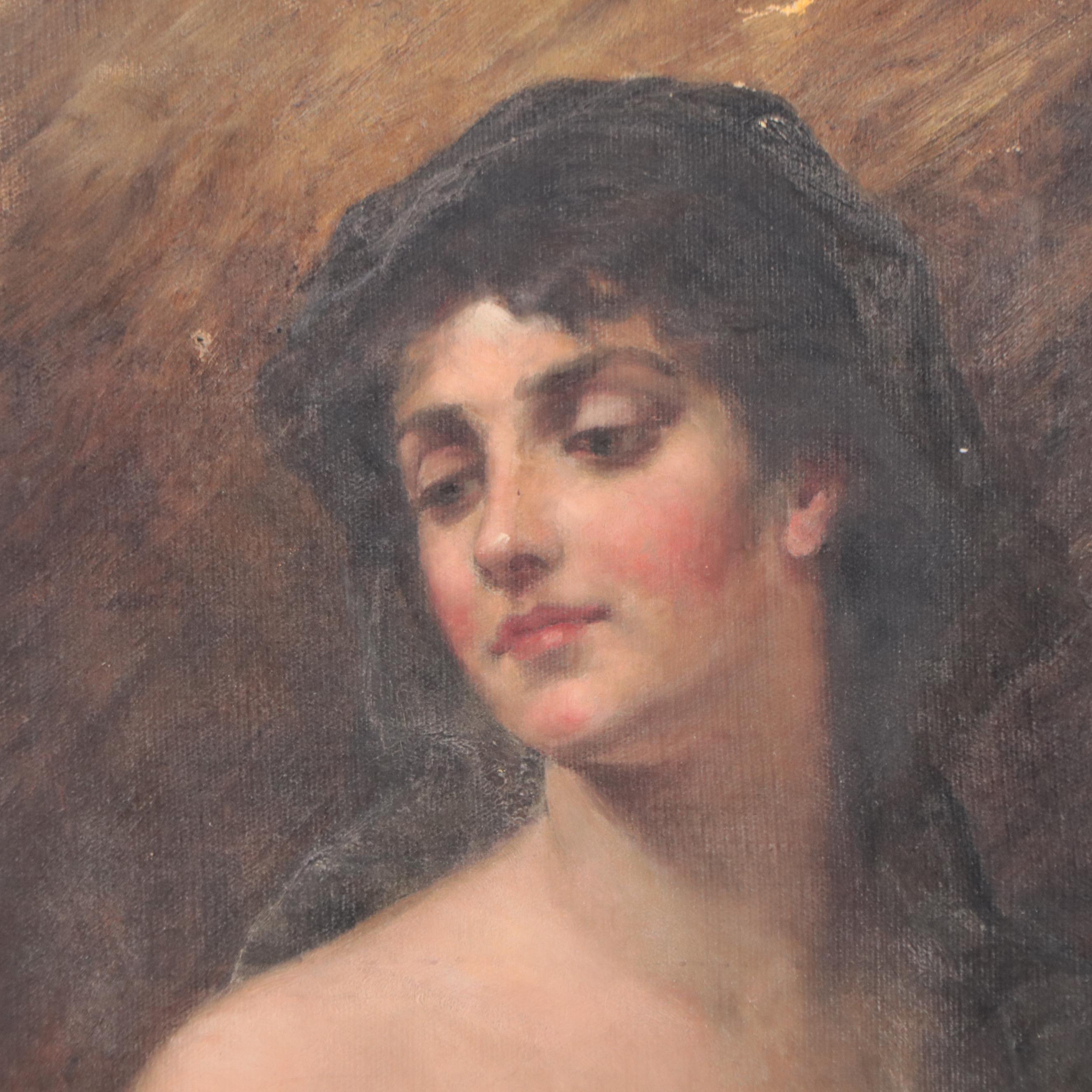 European School Style Portrait Oil Painting of Young Woman  With Head Scarf