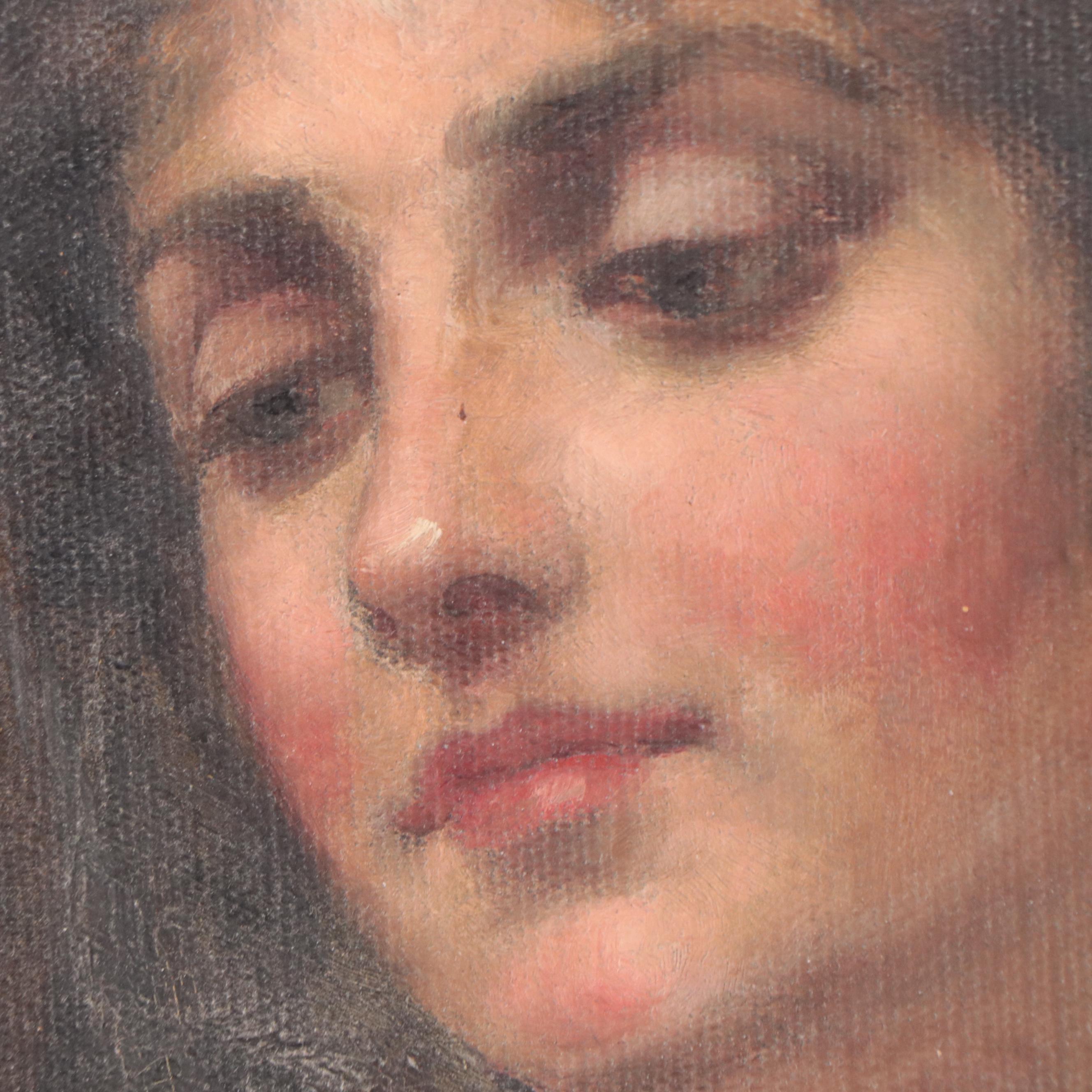 European School Style Portrait Oil Painting of Young Woman  With Head Scarf