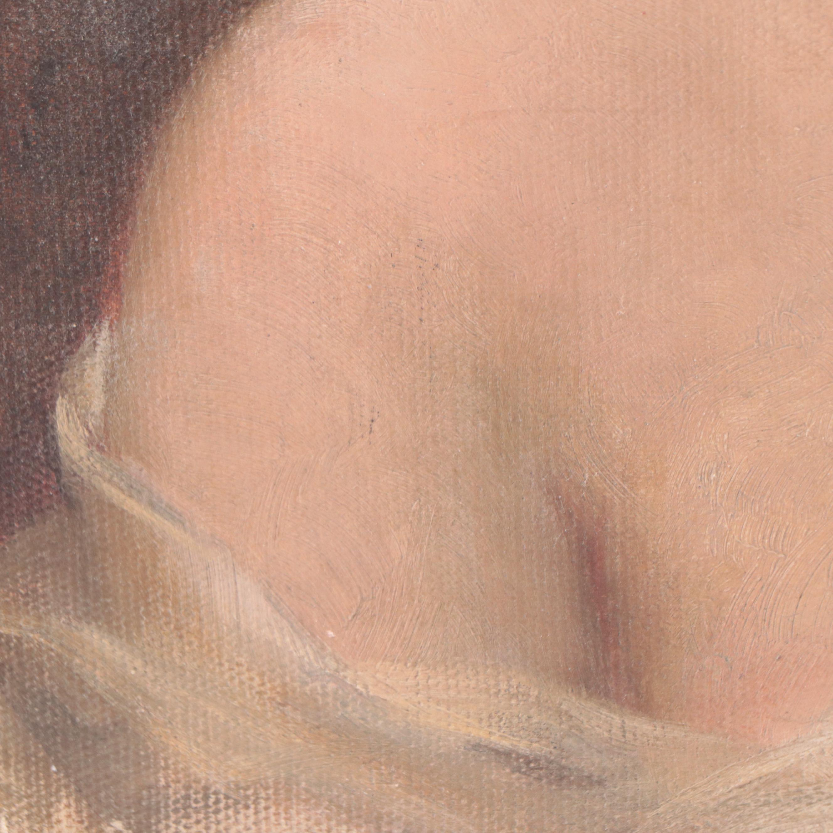 European School Style Portrait Oil Painting of Young Woman  With Head Scarf