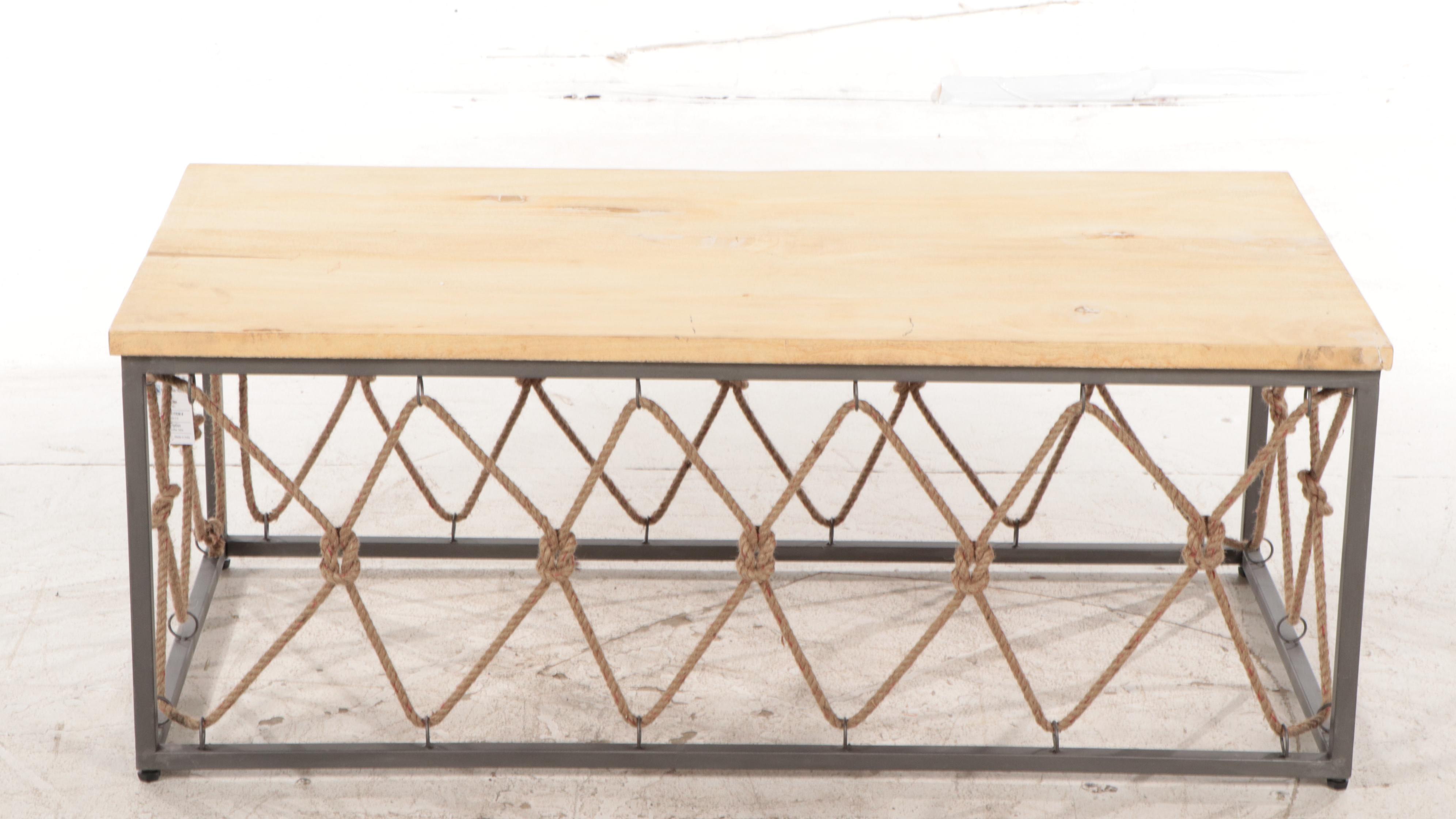Contemporary Wood, Metal and Jute Rope Coffee Table