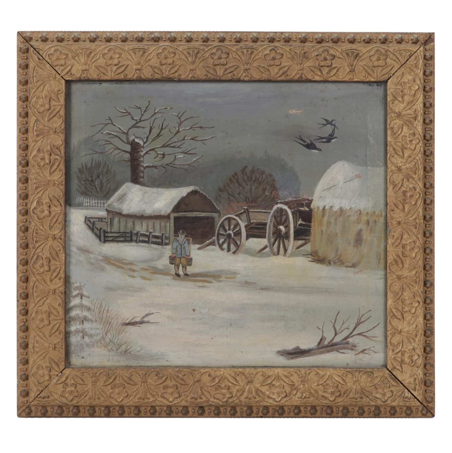 Naive Art Oil Painting of Man Carrying Buckets Across Snowy Farmyard, Circa 1900