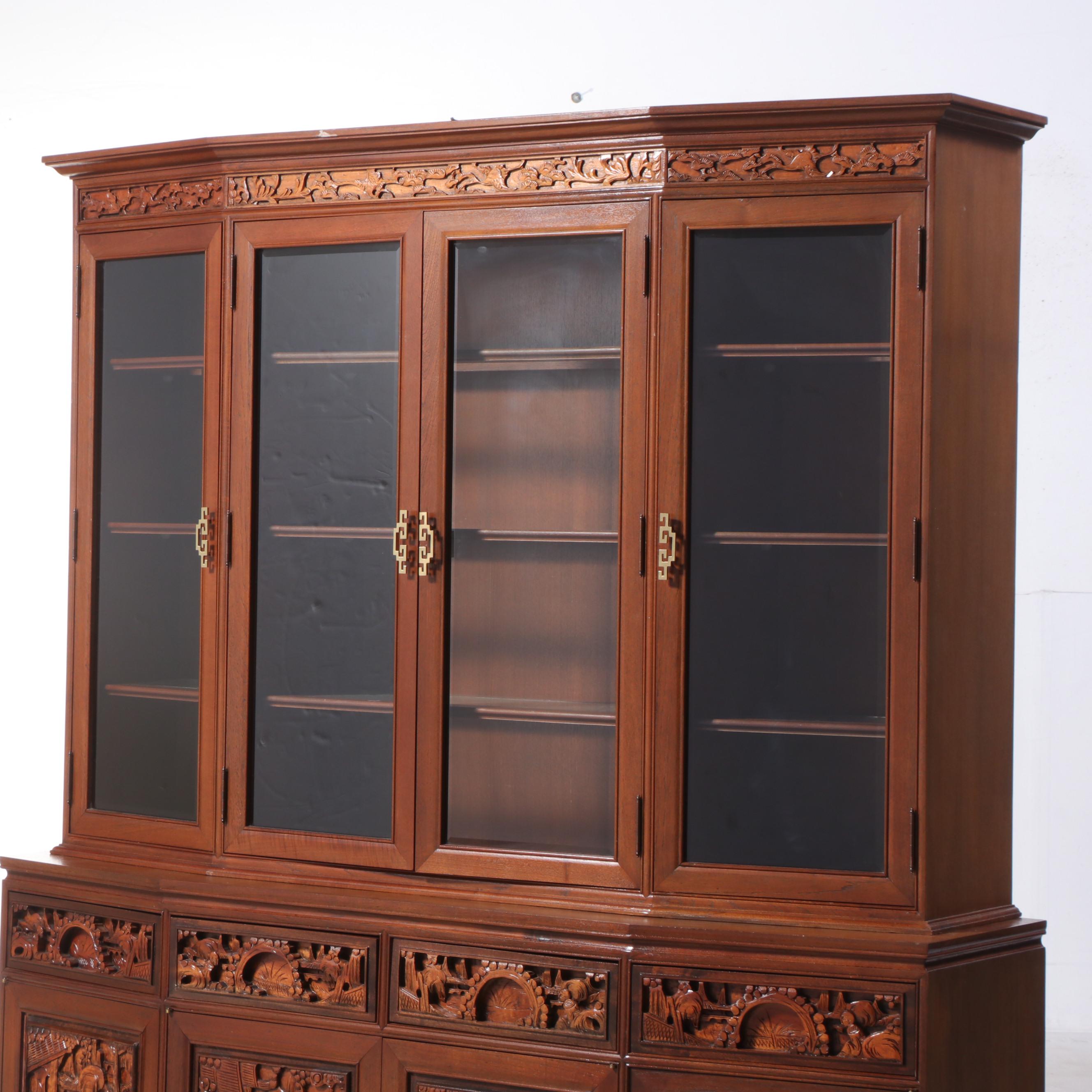 East Asian Carved Hardwood Illuminated China Cabinet