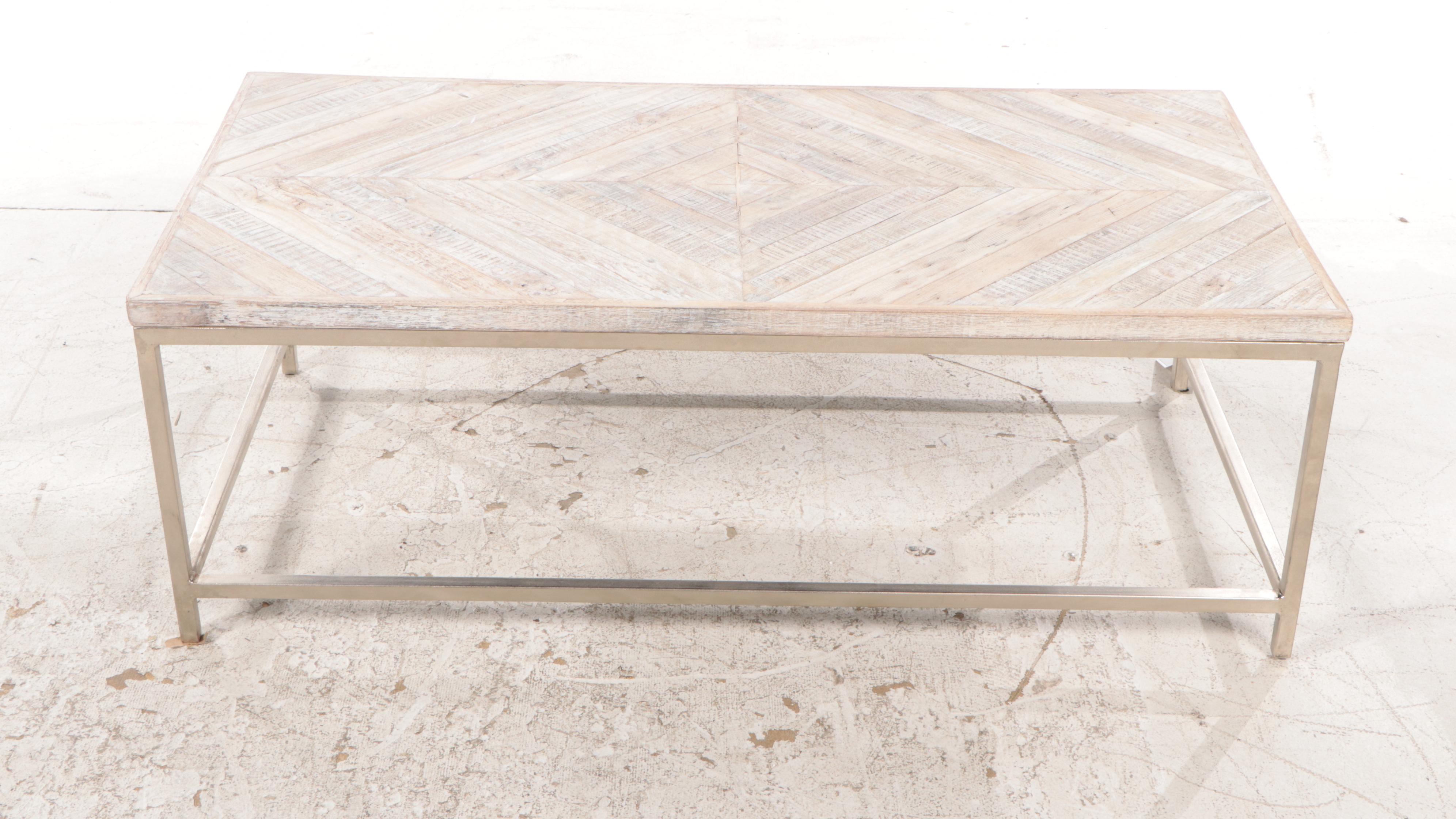 Modernist Style Wood Parquetry Top Metal Coffee Table