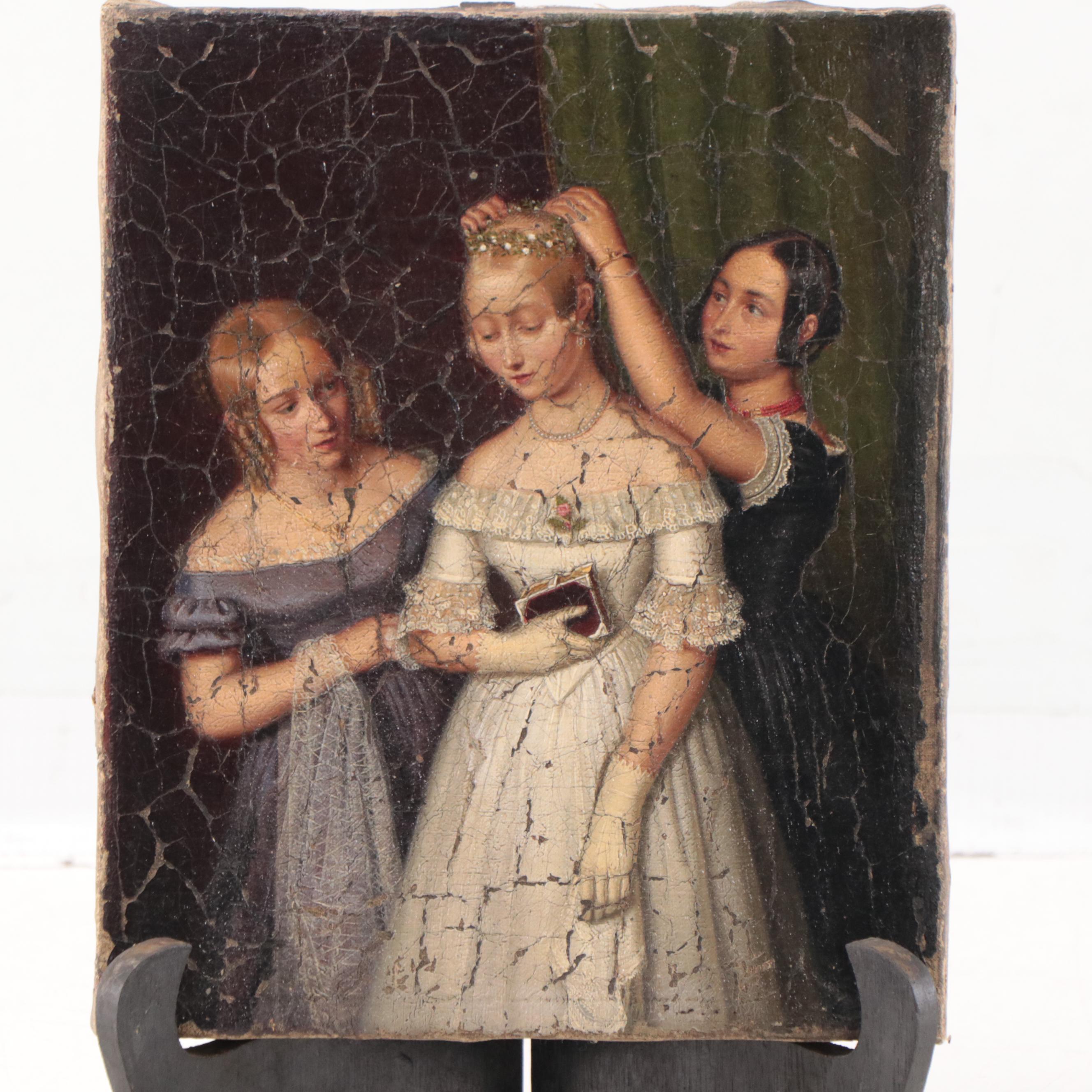 Victorian Oil Painting of Young Woman Readying for Marriage, Mid-19th Century