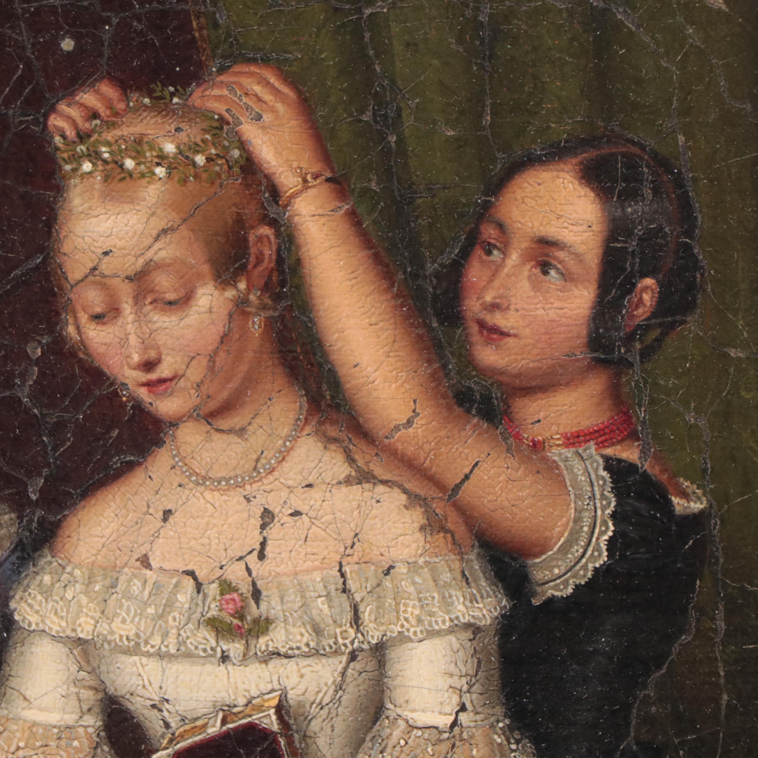 Victorian Oil Painting of Young Woman Readying for Marriage, Mid-19th Century