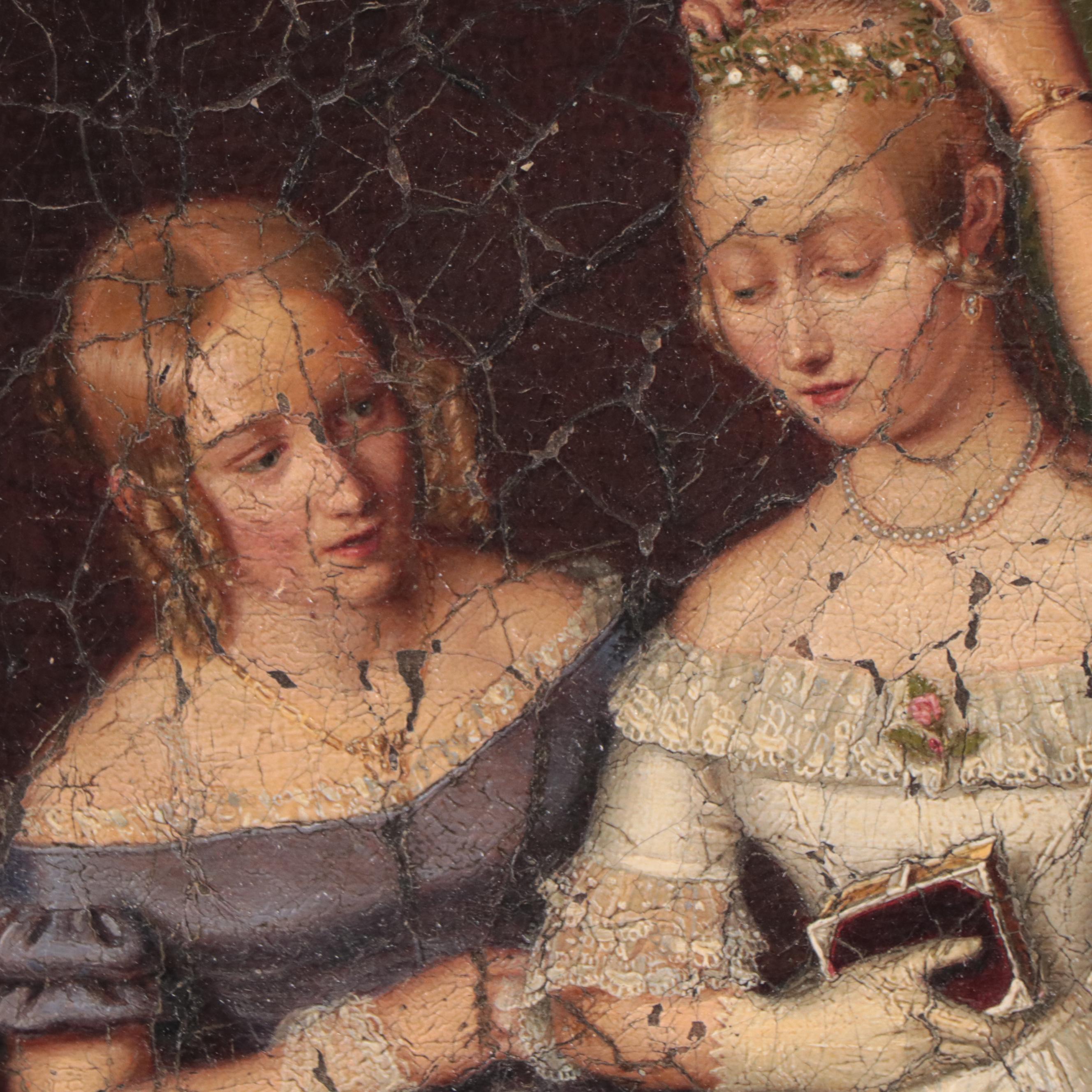 Victorian Oil Painting of Young Woman Readying for Marriage, Mid-19th Century