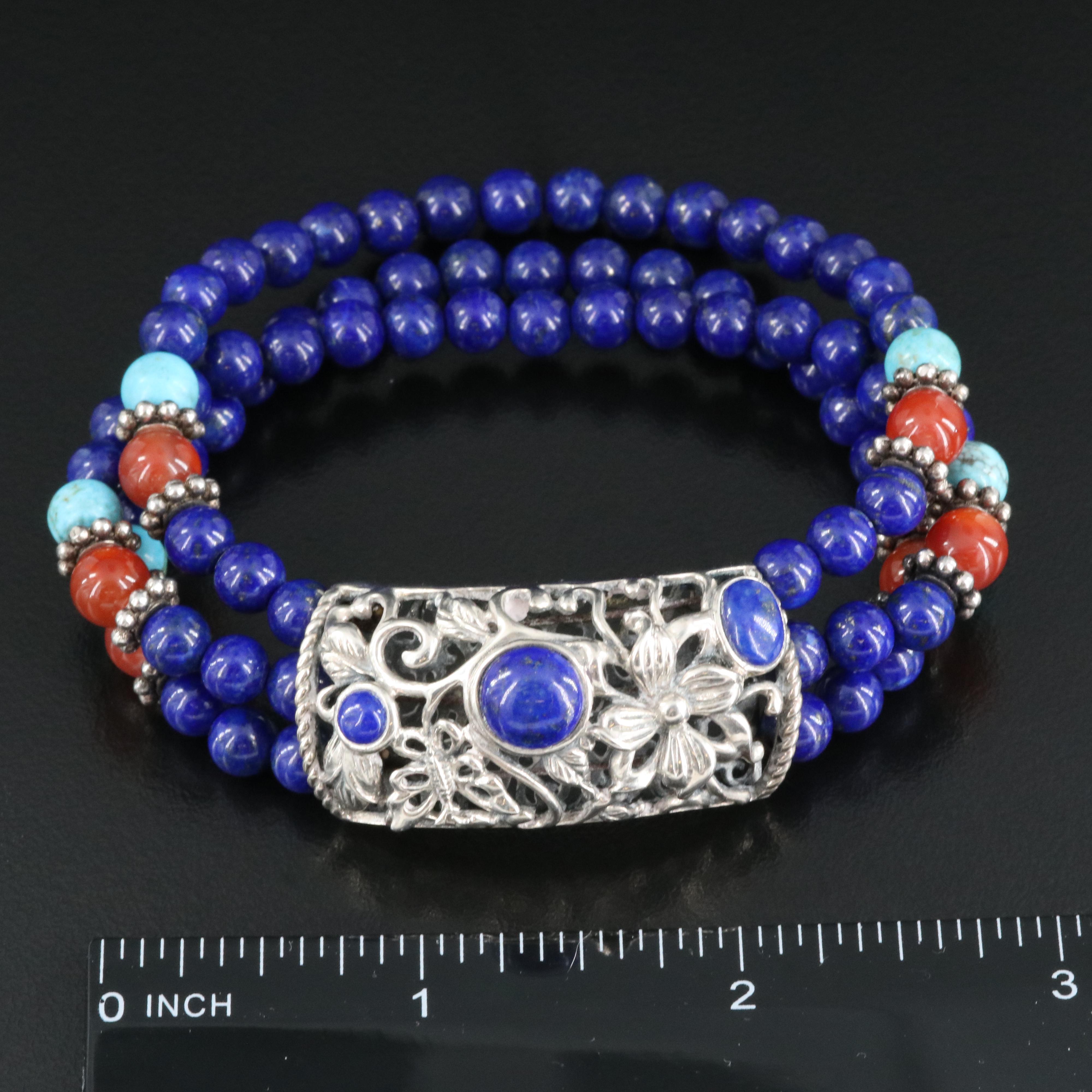 Sterling Carnelian, Magnesite and Lapis Lazuli Bracelet