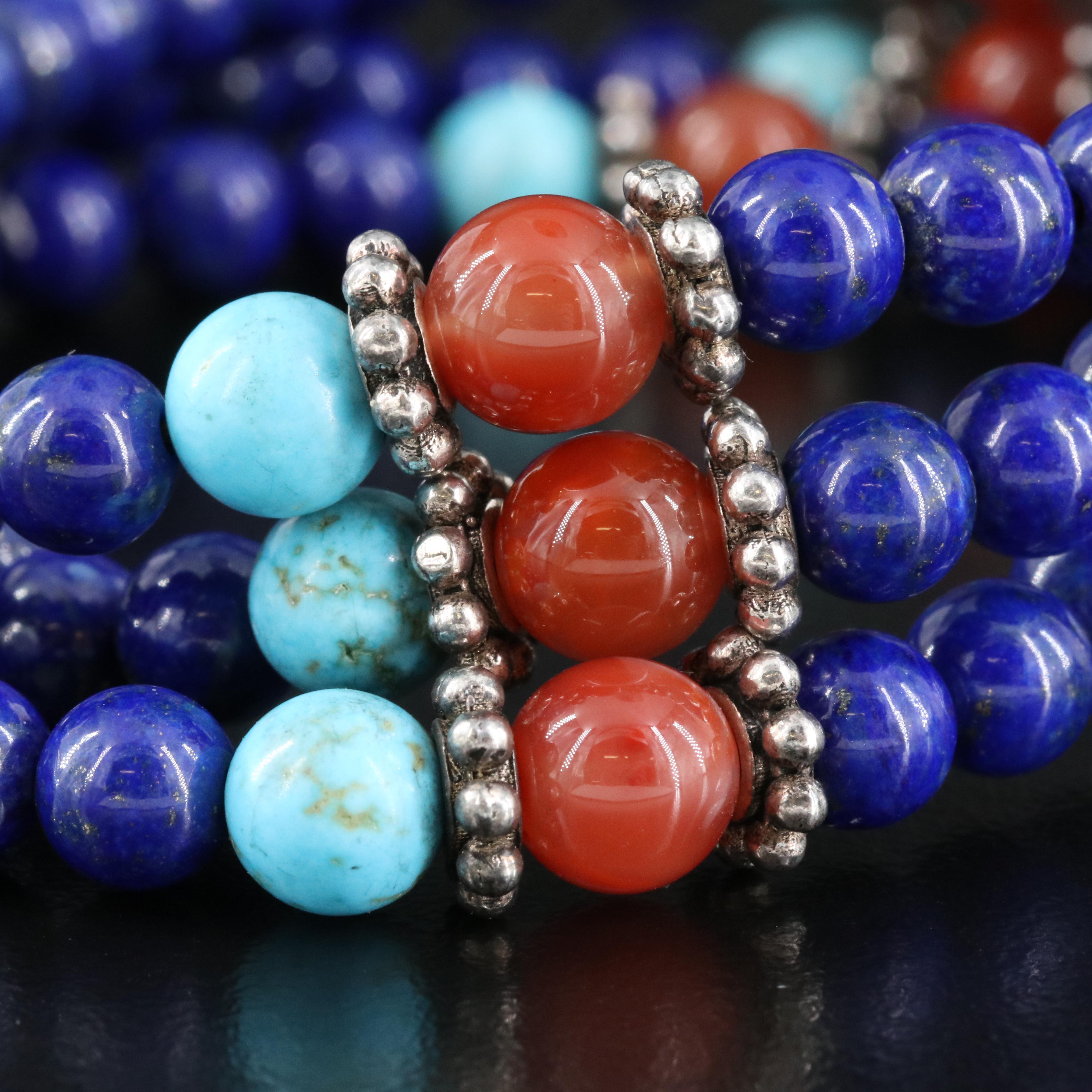 Sterling Carnelian, Magnesite and Lapis Lazuli Bracelet
