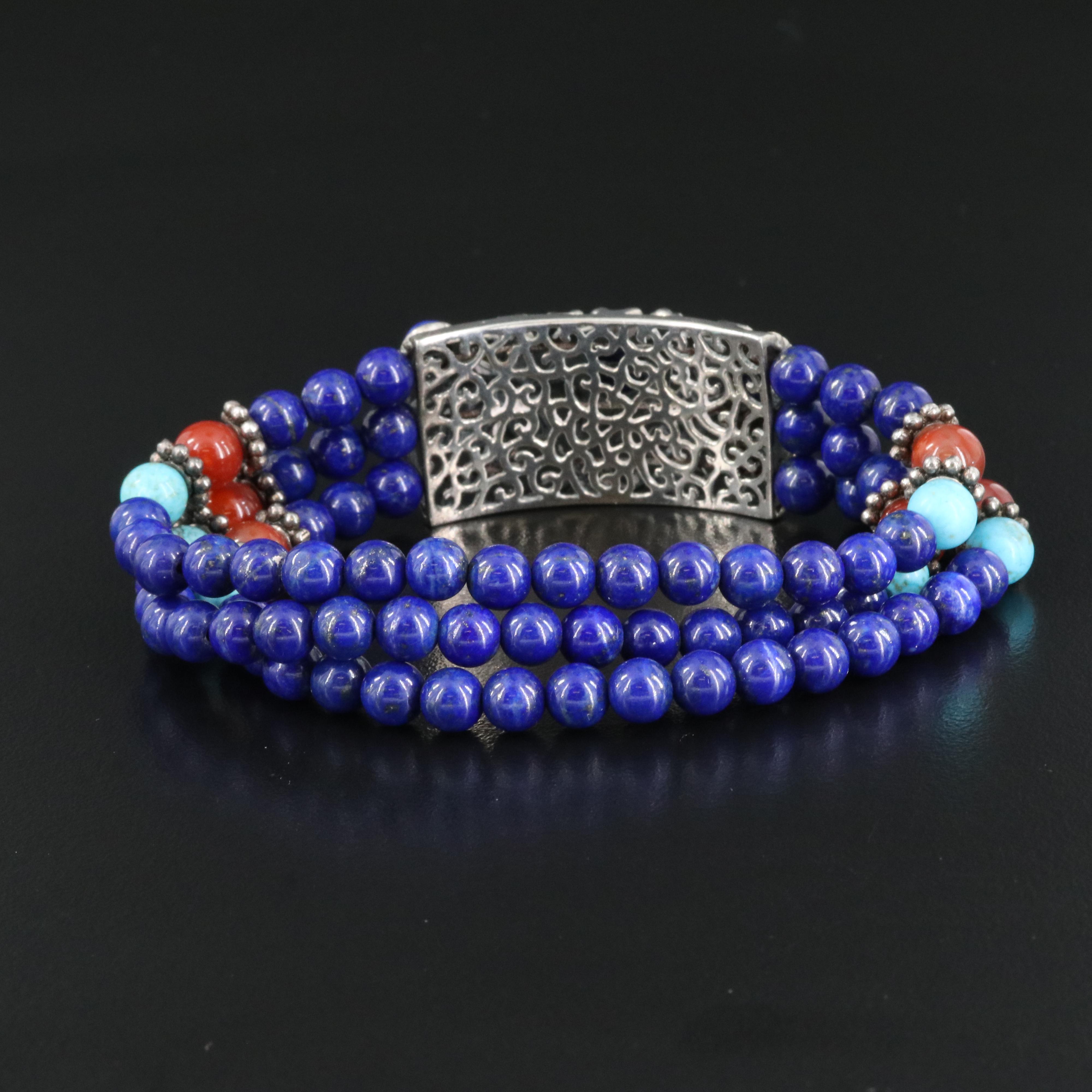 Sterling Carnelian, Magnesite and Lapis Lazuli Bracelet