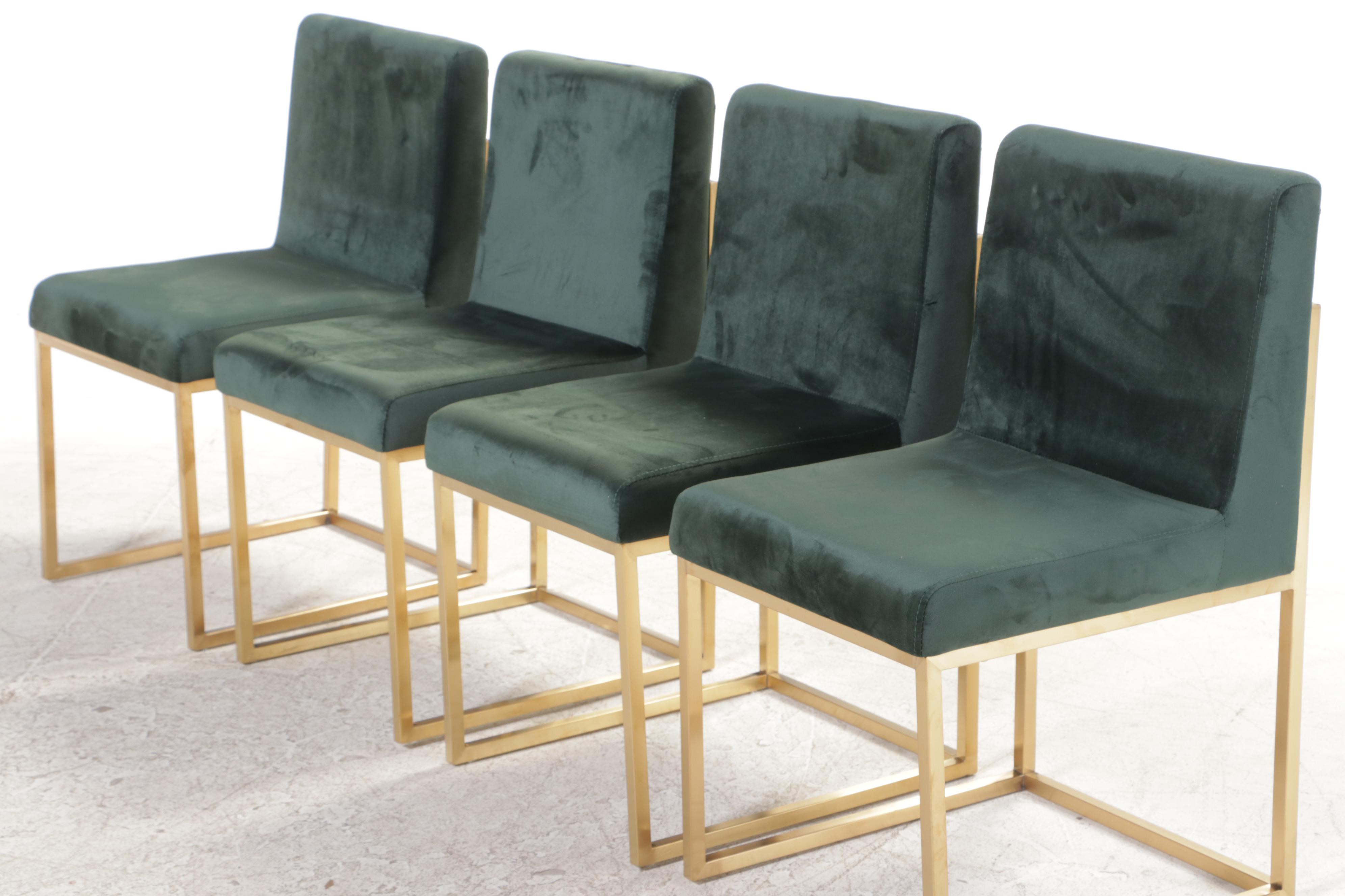 Four Contemporary Green-Upholstered Gold Metal Side Chairs