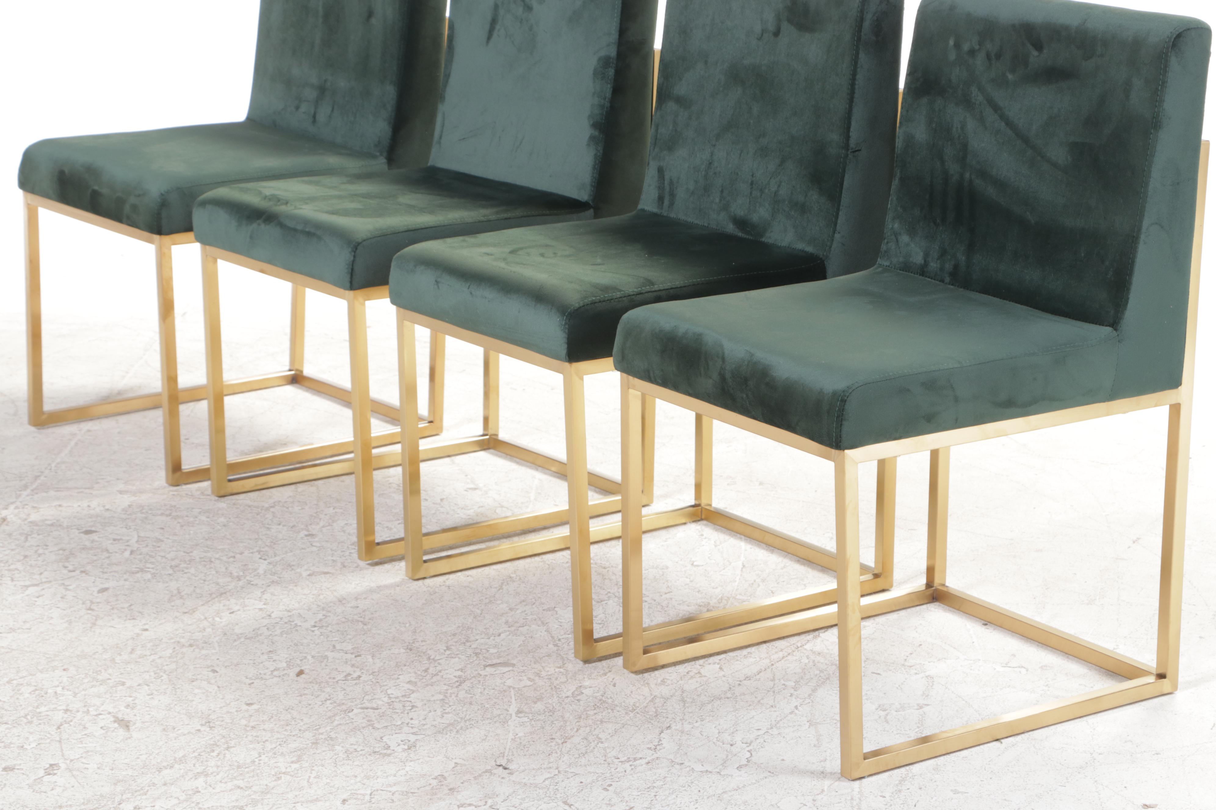 Four Contemporary Green-Upholstered Gold Metal Side Chairs