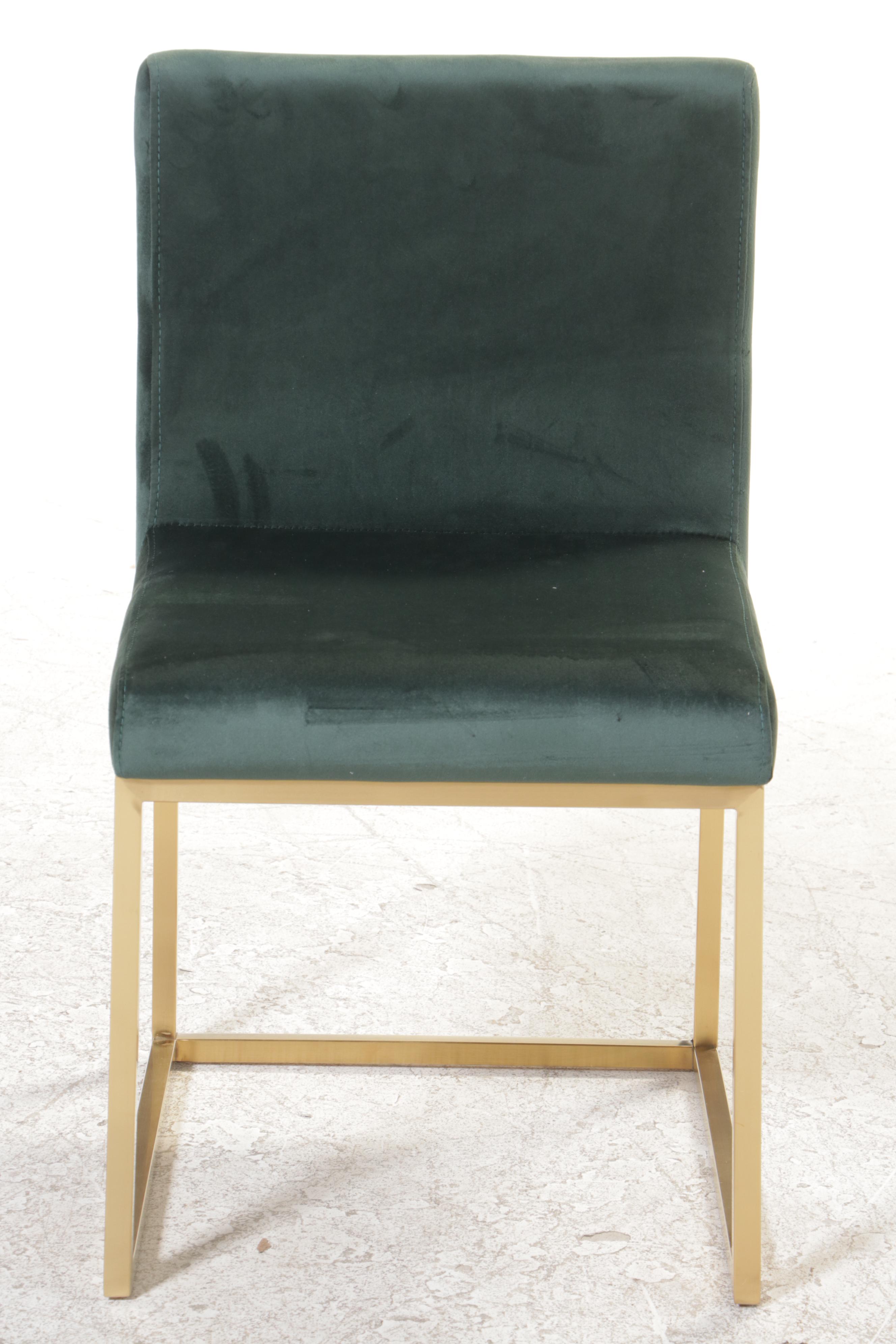 Four Contemporary Green-Upholstered Gold Metal Side Chairs