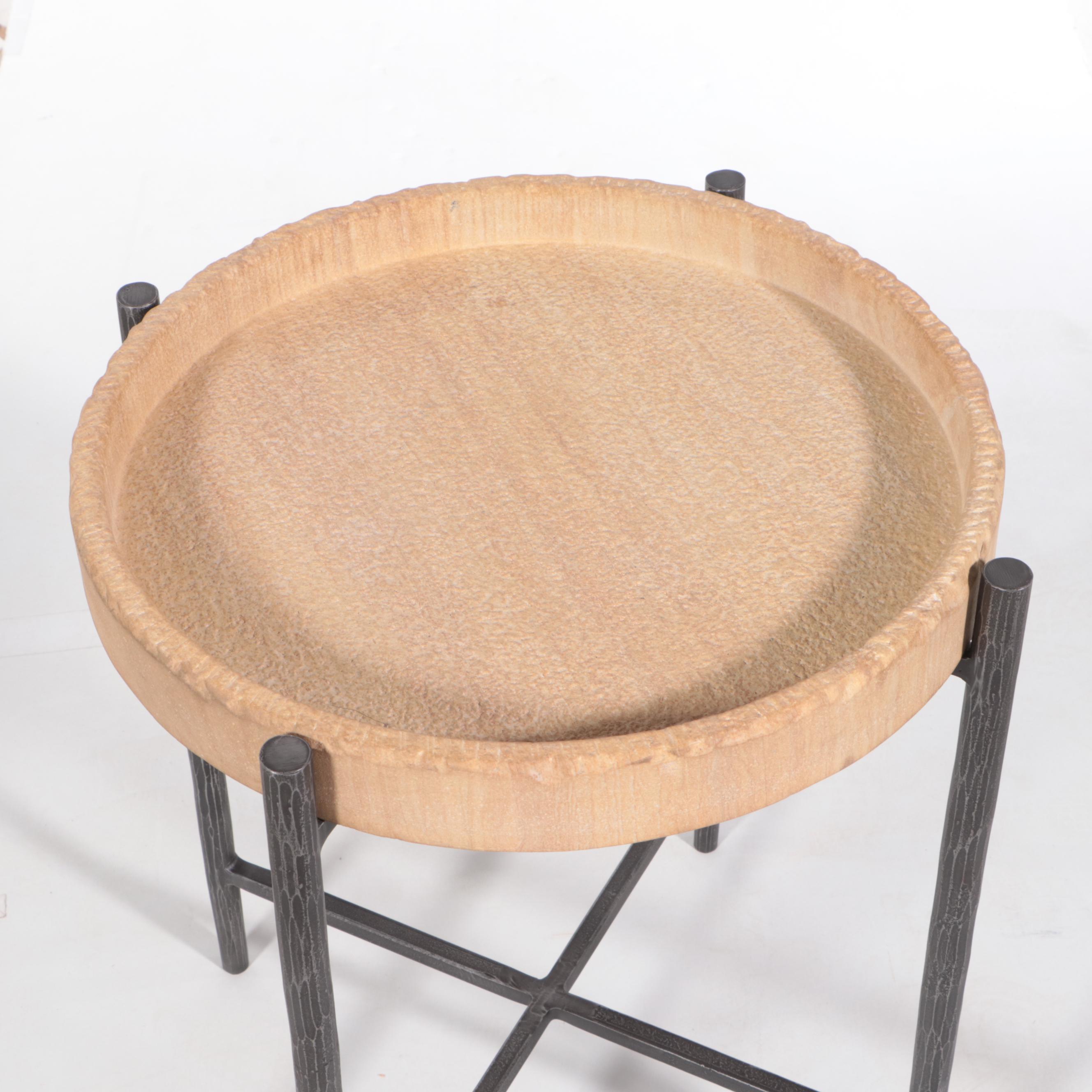 Carved Stone and Steel Side Table