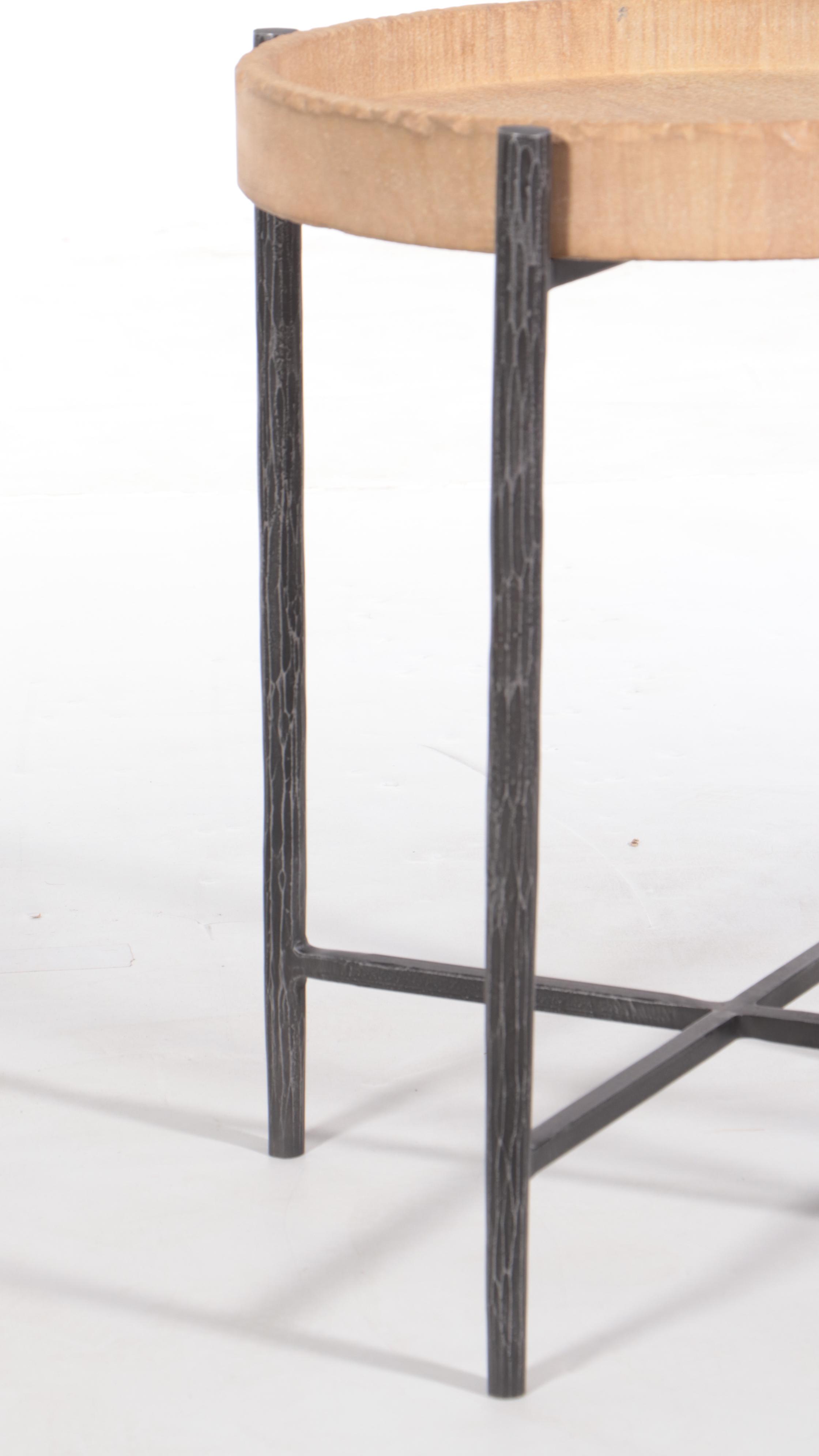 Carved Stone and Steel Side Table