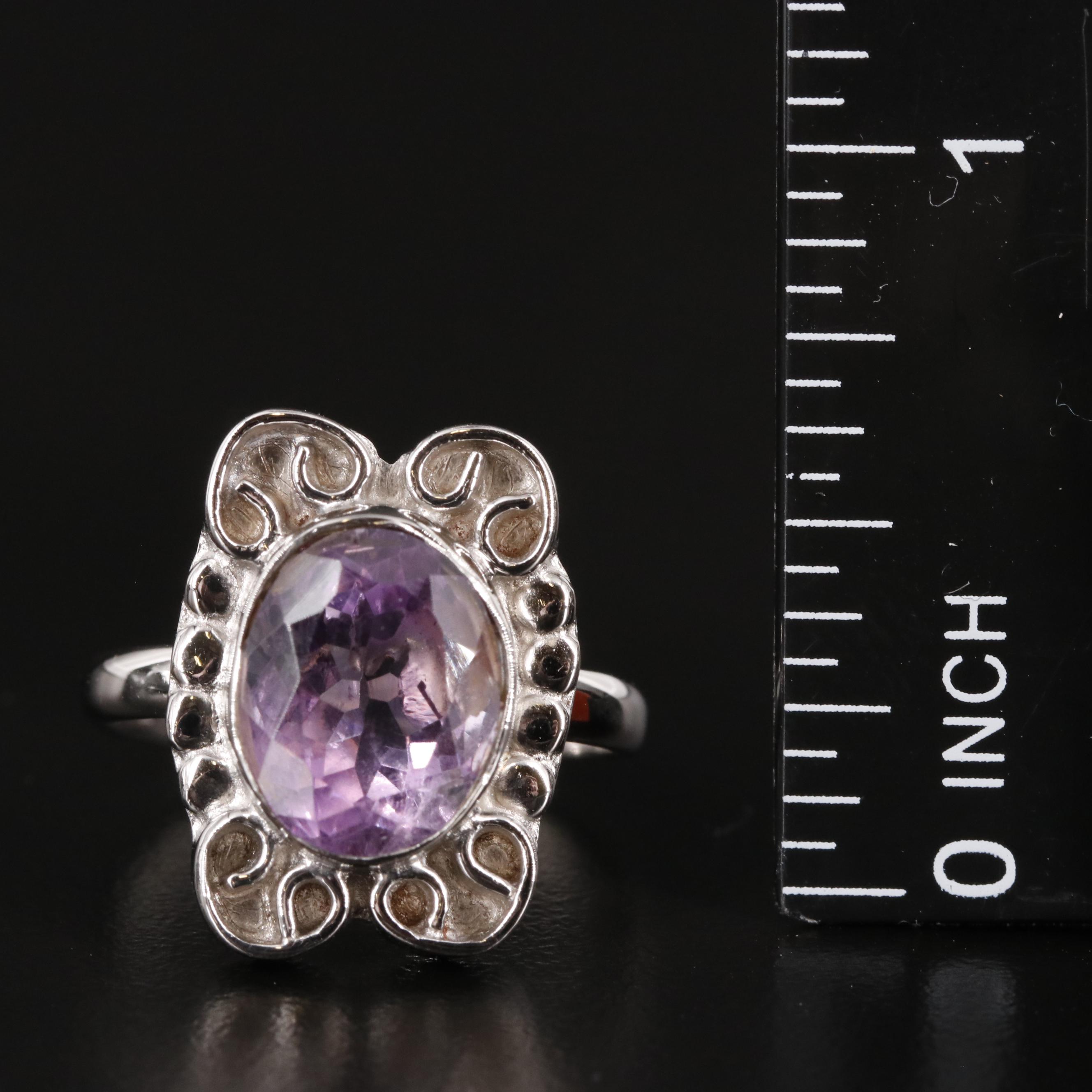 Amethyst Ring with Scrollwork Accents