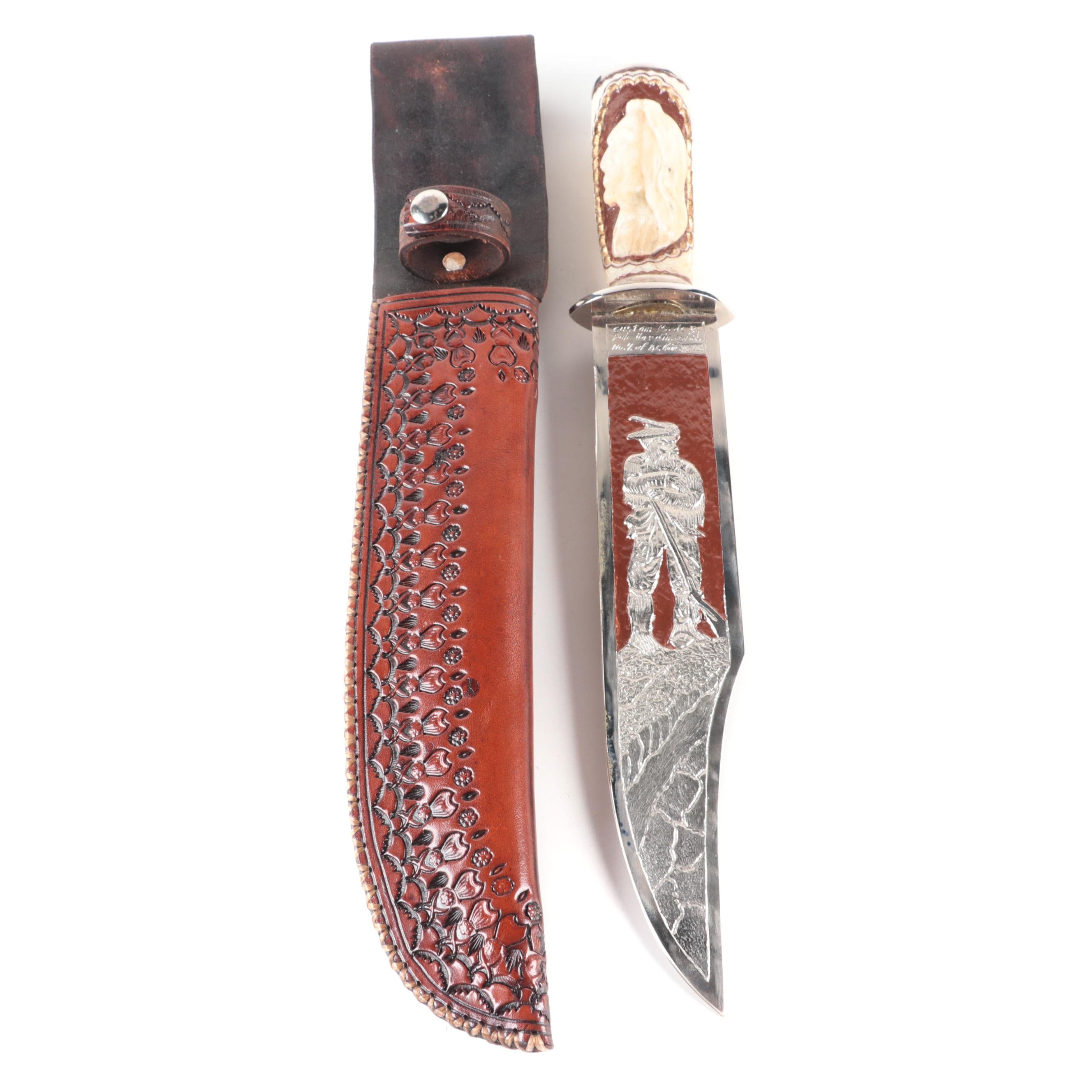 Bob Hardin Handcrafted Native American Theme Bowie Knife with Scabbard, 1990