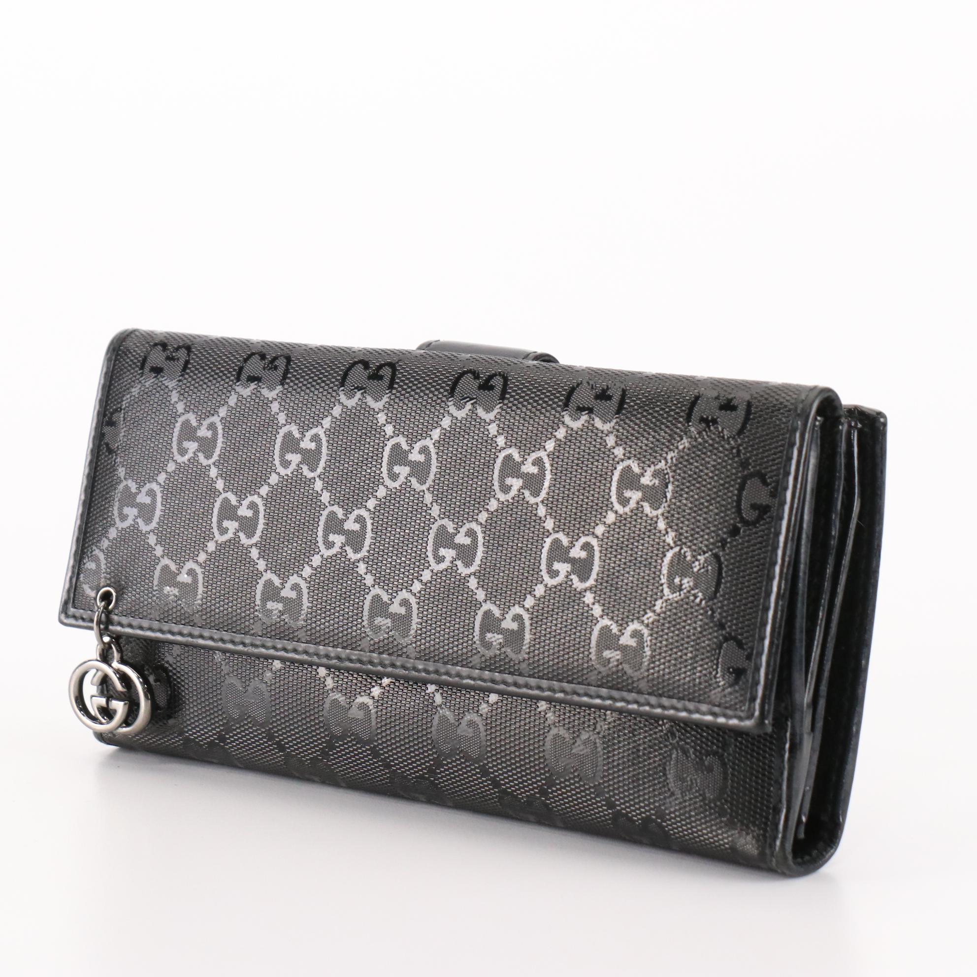 Gucci GG Charm Continental Wallet in Black GG Imprime Coated Canvas with Box