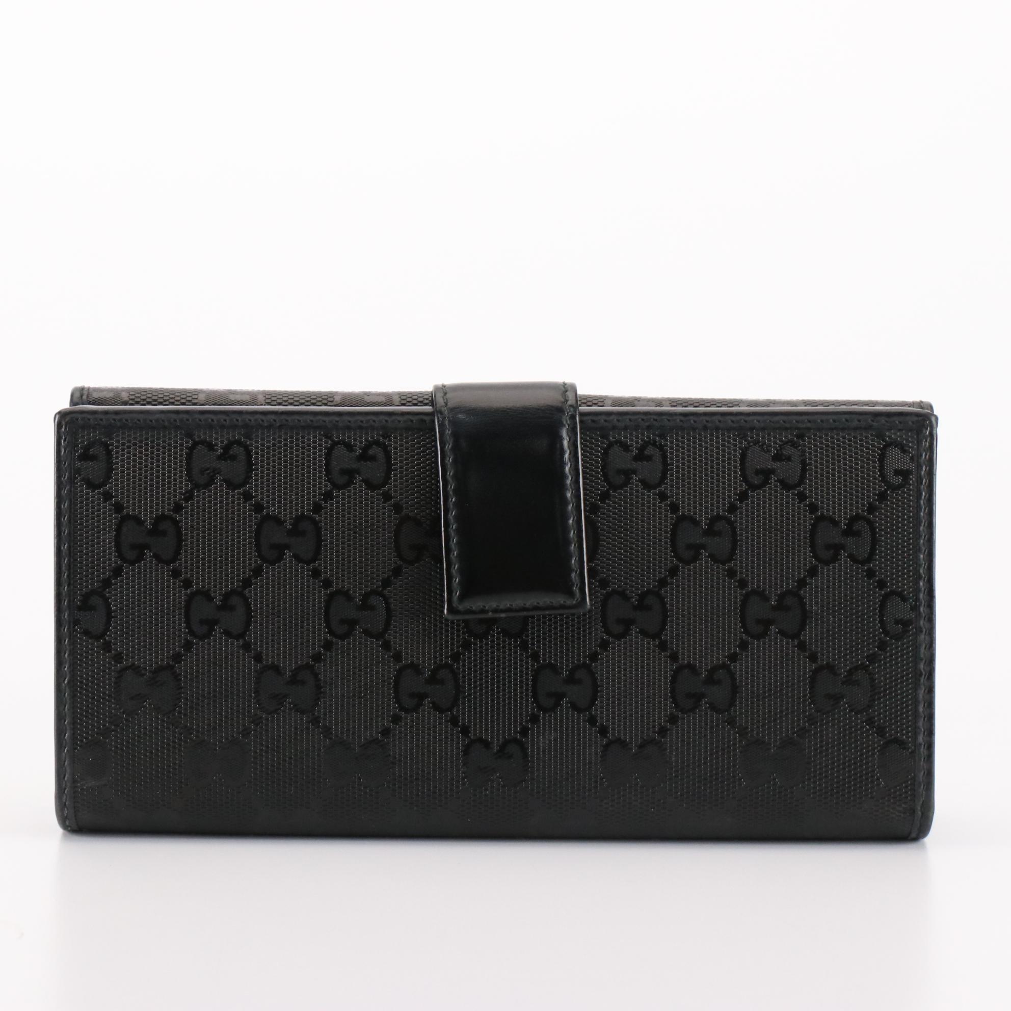 Gucci GG Charm Continental Wallet in Black GG Imprime Coated Canvas with Box