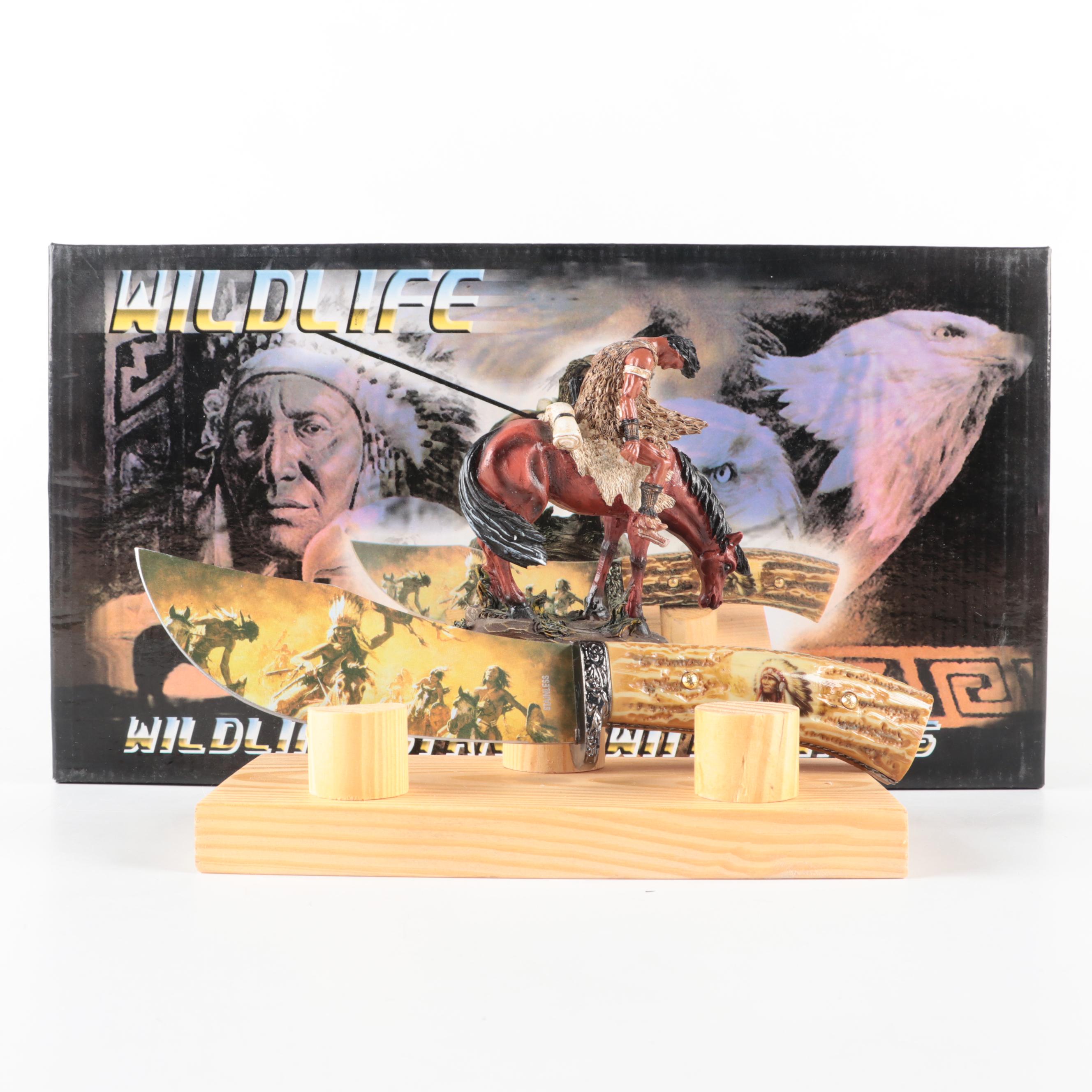 Native American Motif Fixed Blade Knife with Stand