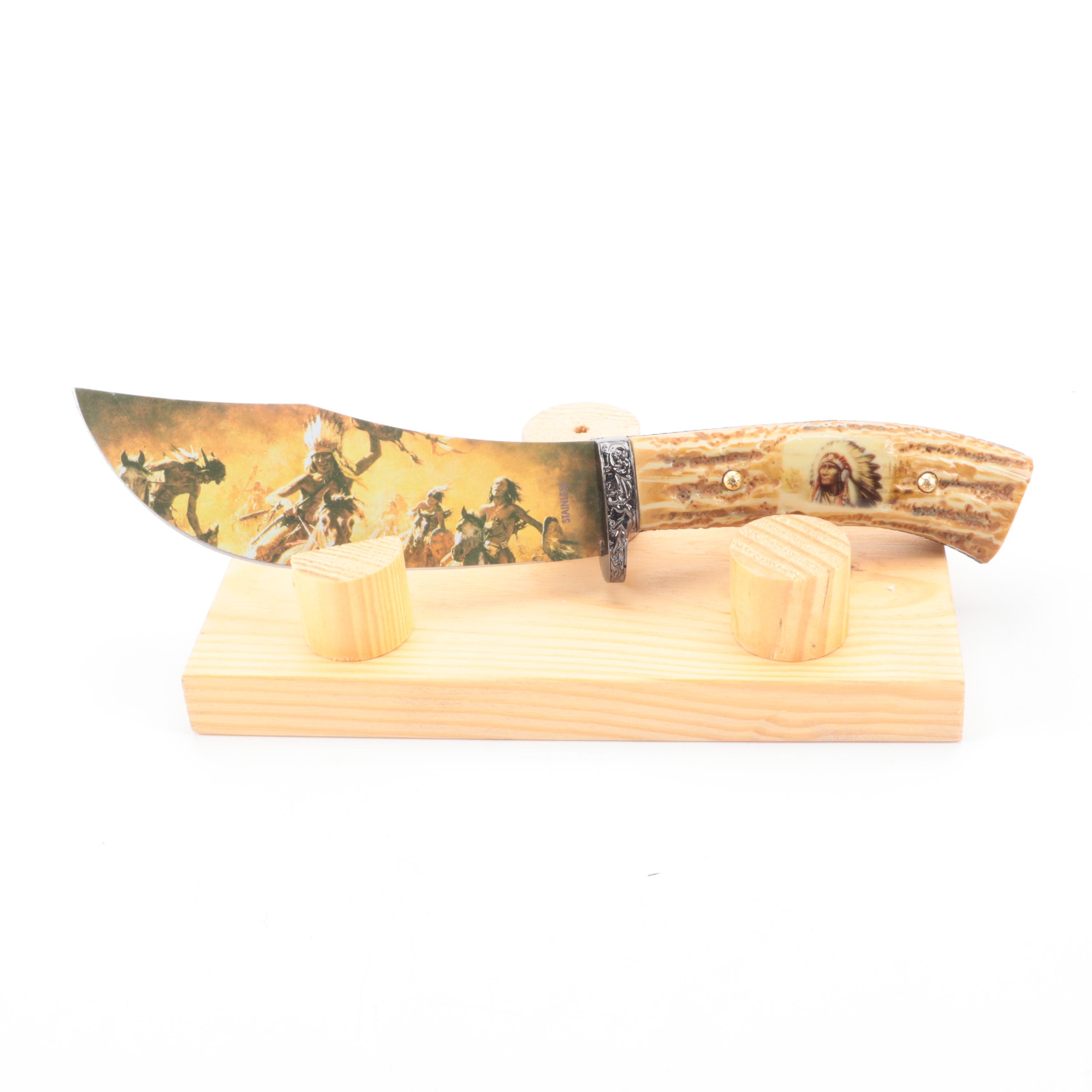 Native American Motif Fixed Blade Knife with Stand
