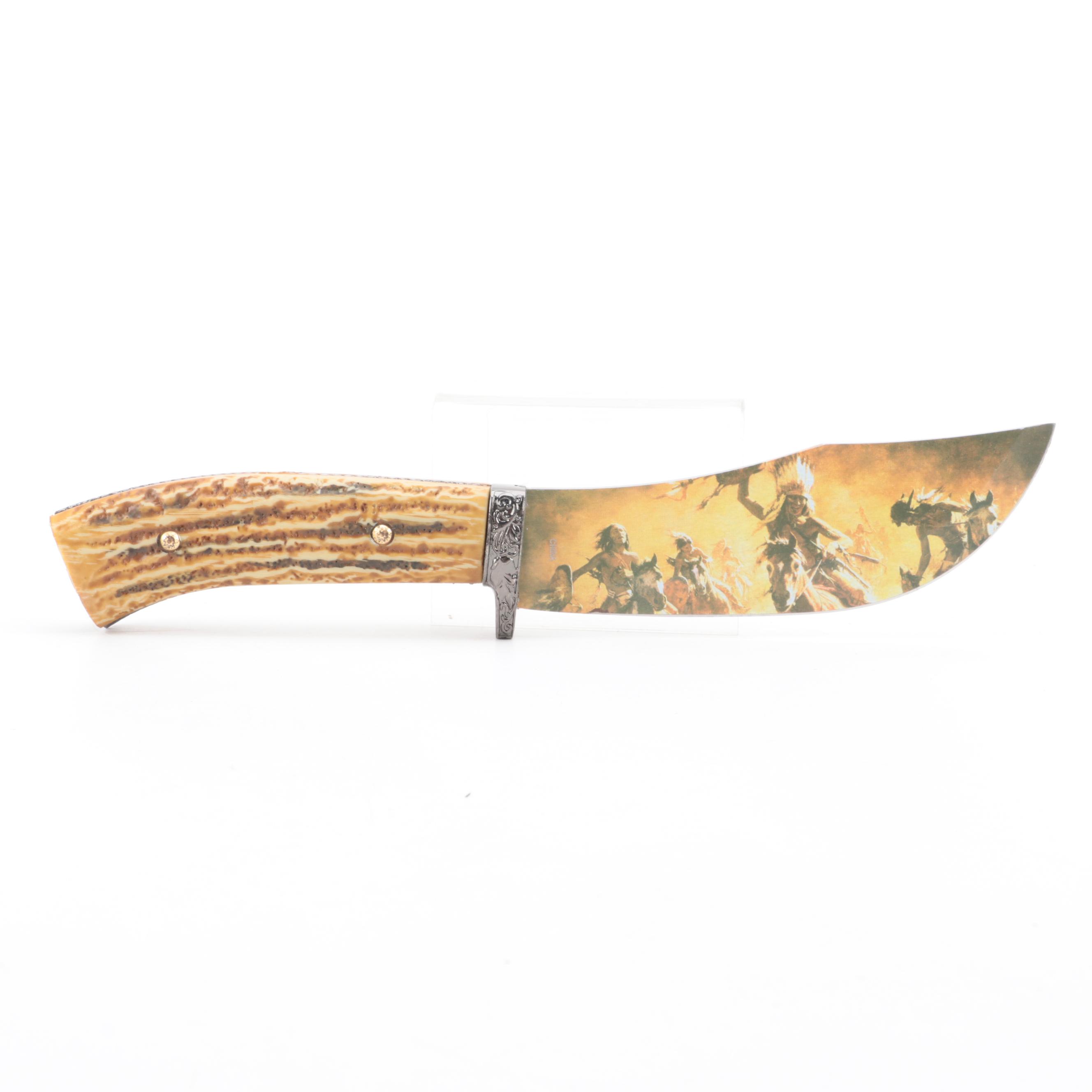 Native American Motif Fixed Blade Knife with Stand