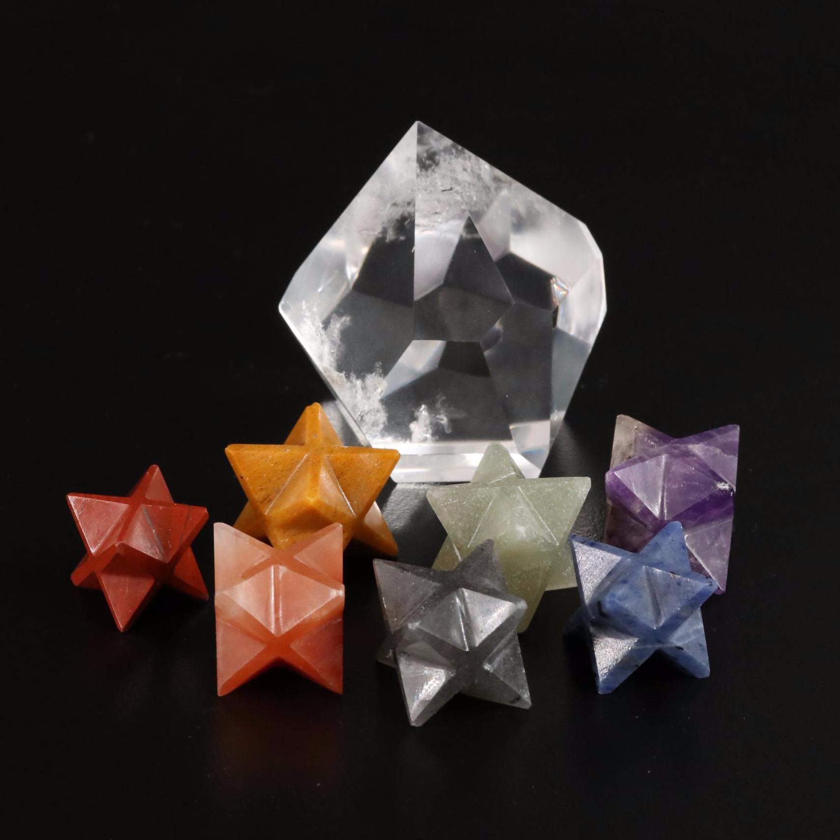 Faceted Rock Crystal Quartz with Amethyst and Jasper Hexagram Crystals