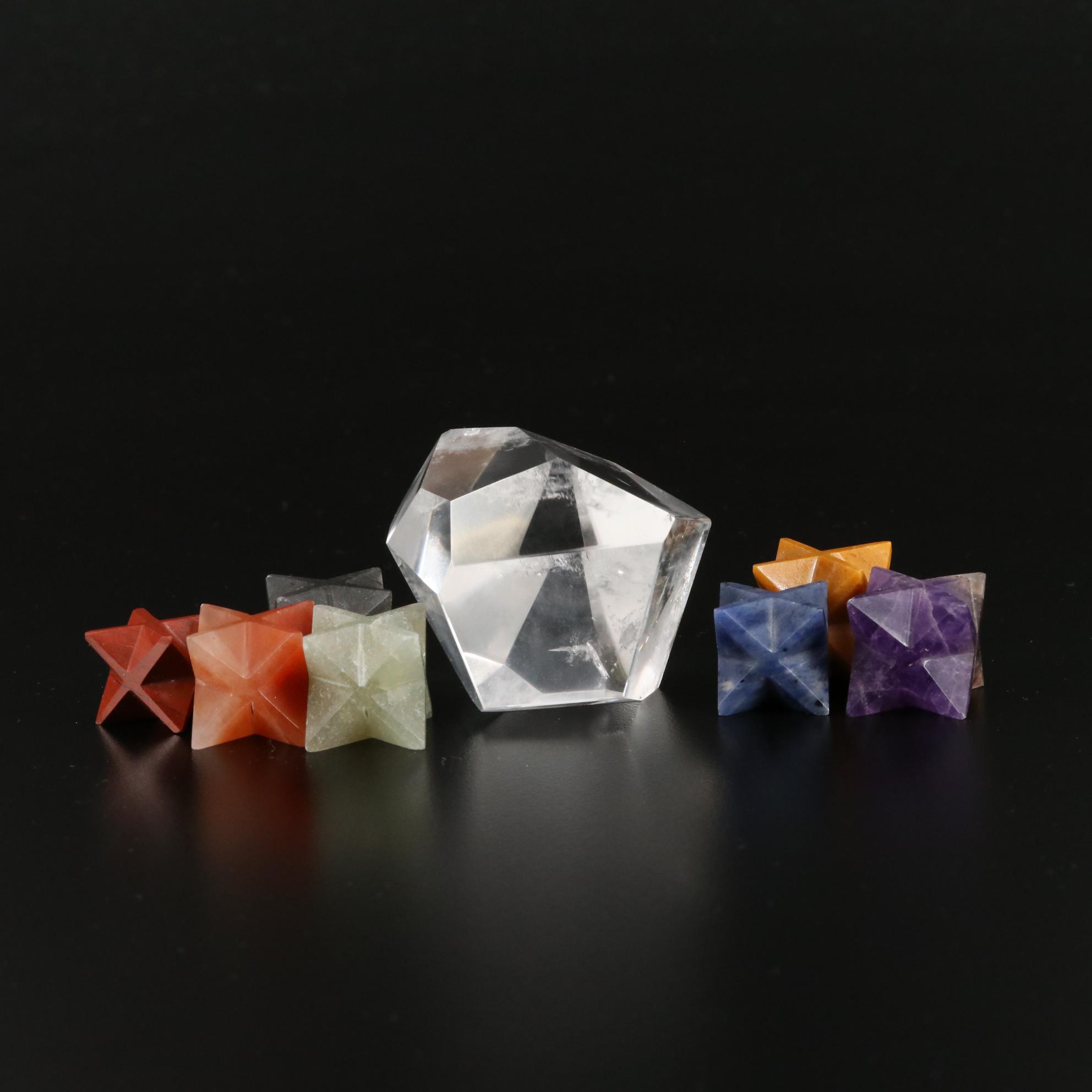 Faceted Rock Crystal Quartz with Amethyst and Jasper Hexagram Crystals