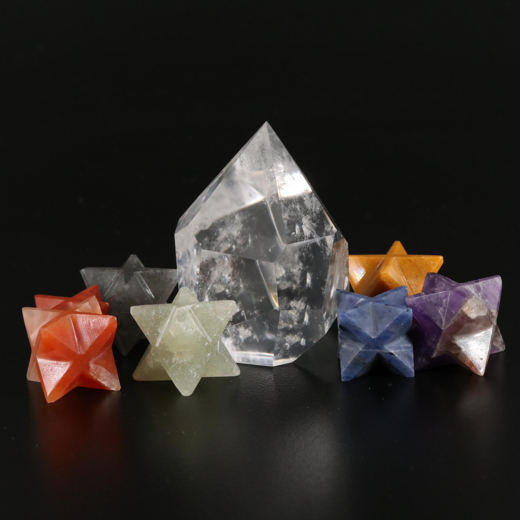 Faceted Rock Crystal Quartz with Amethyst and Jasper Hexagram Crystals