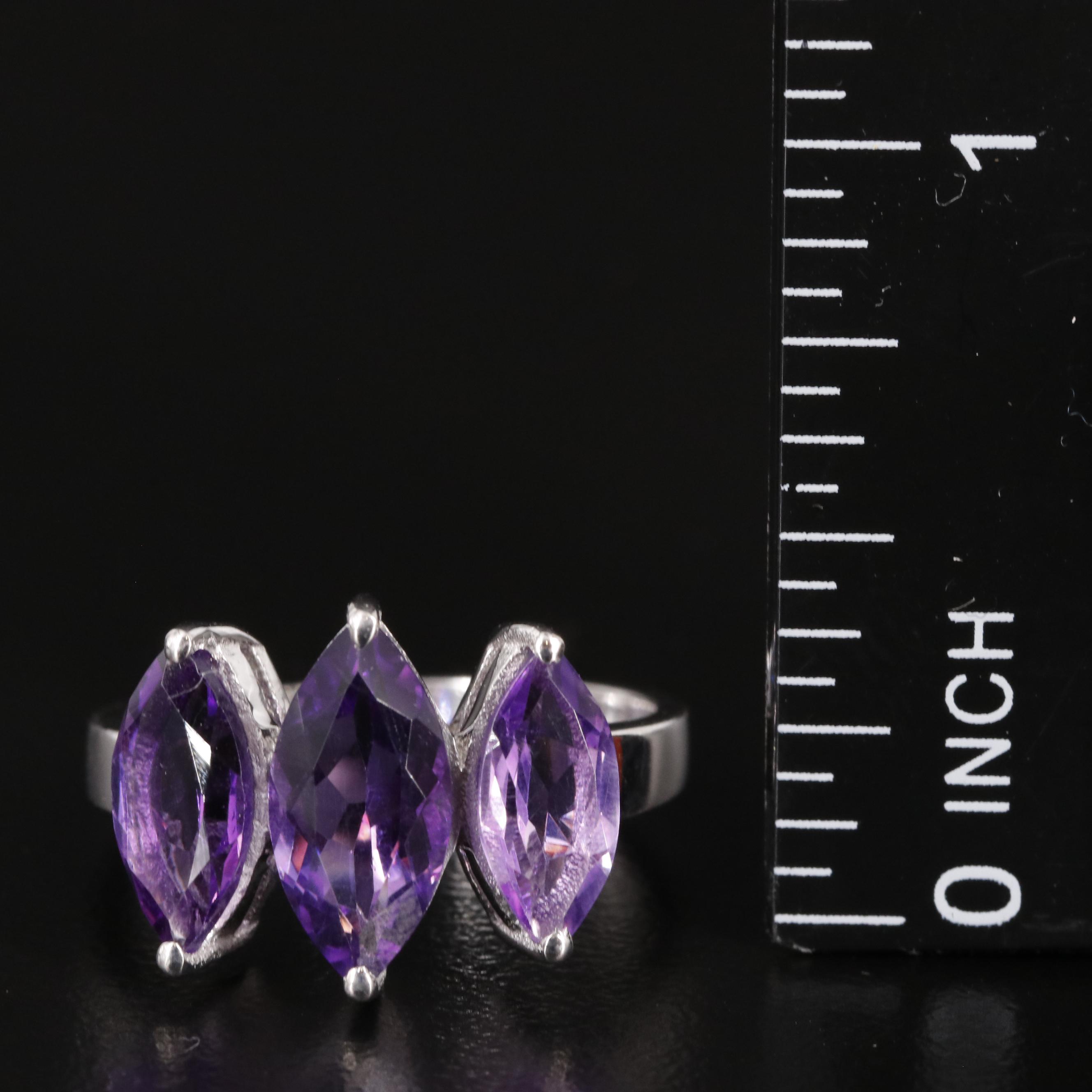 Sterling Amethyst Three Stone Ring