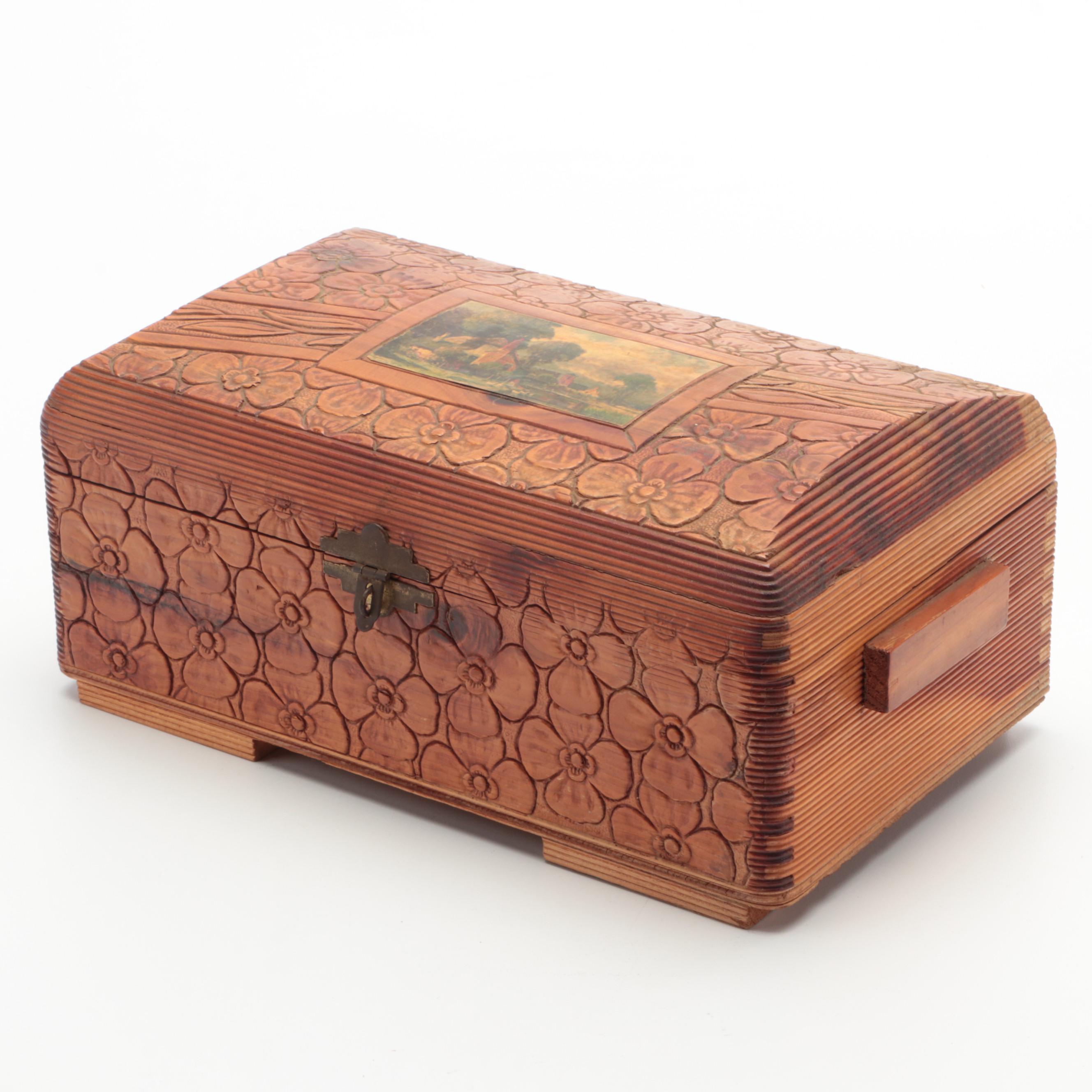 Carved Wooden Box with Duck Shaped Vase and Turned Wood Jar, 20th Century
