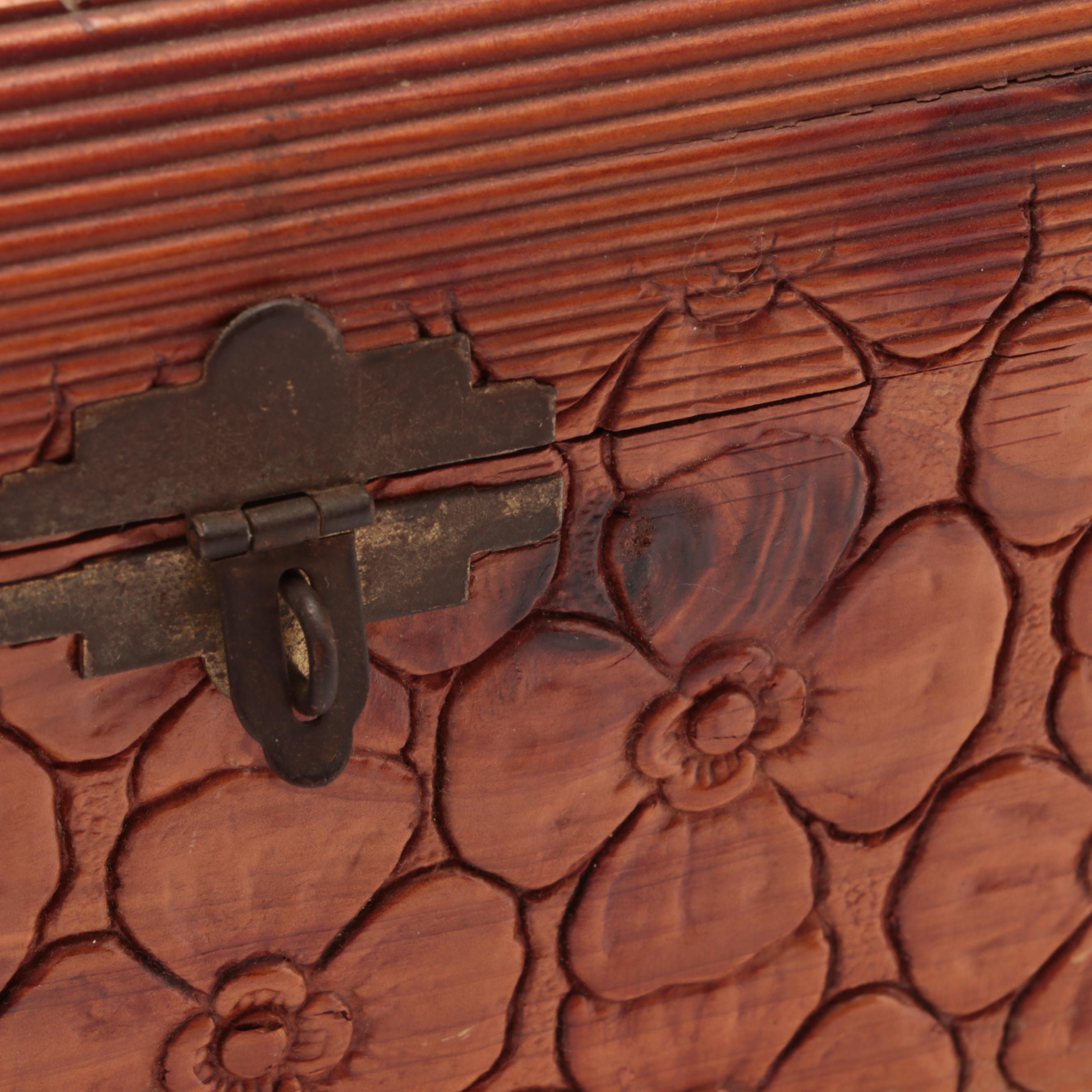 Carved Wooden Box with Duck Shaped Vase and Turned Wood Jar, 20th Century