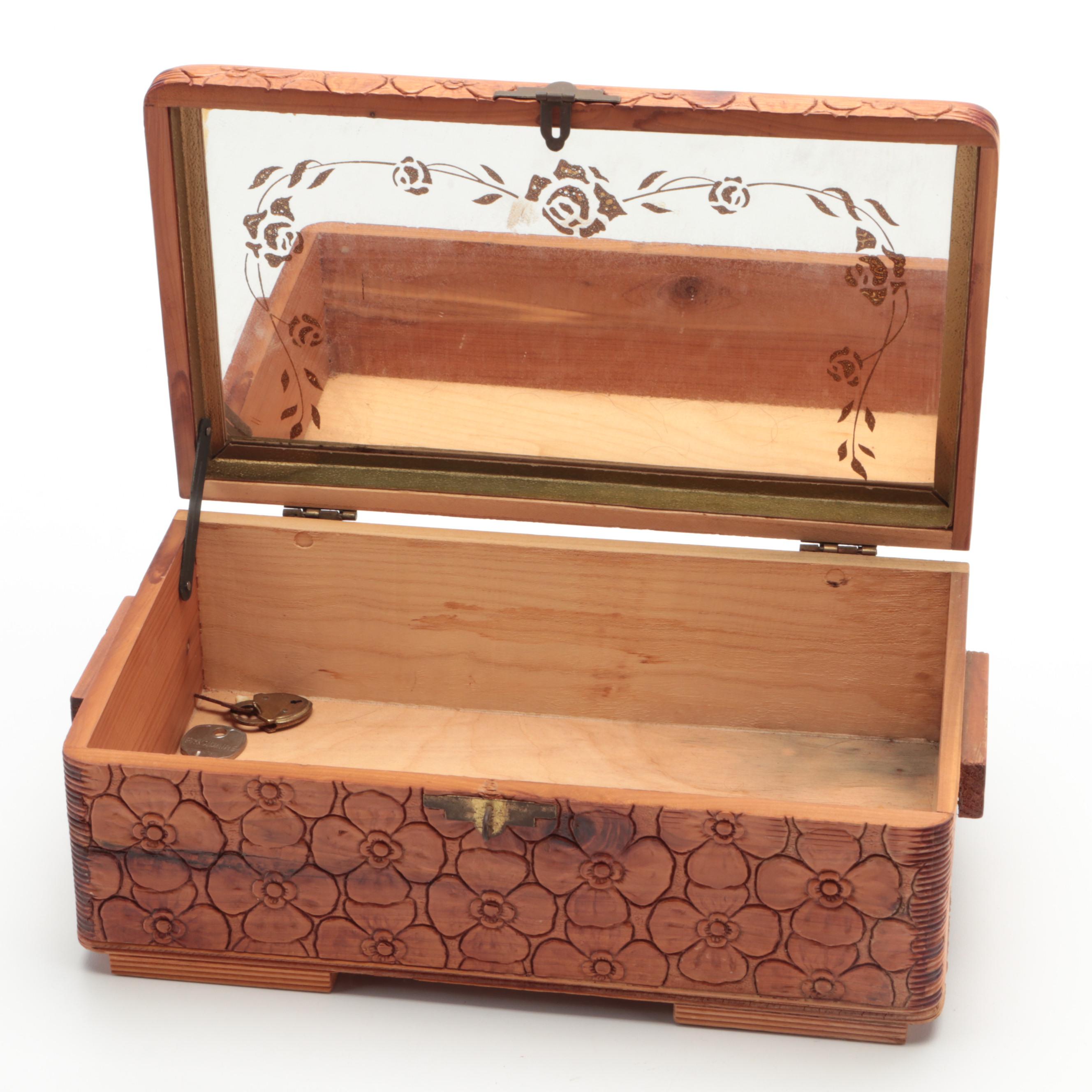 Carved Wooden Box with Duck Shaped Vase and Turned Wood Jar, 20th Century