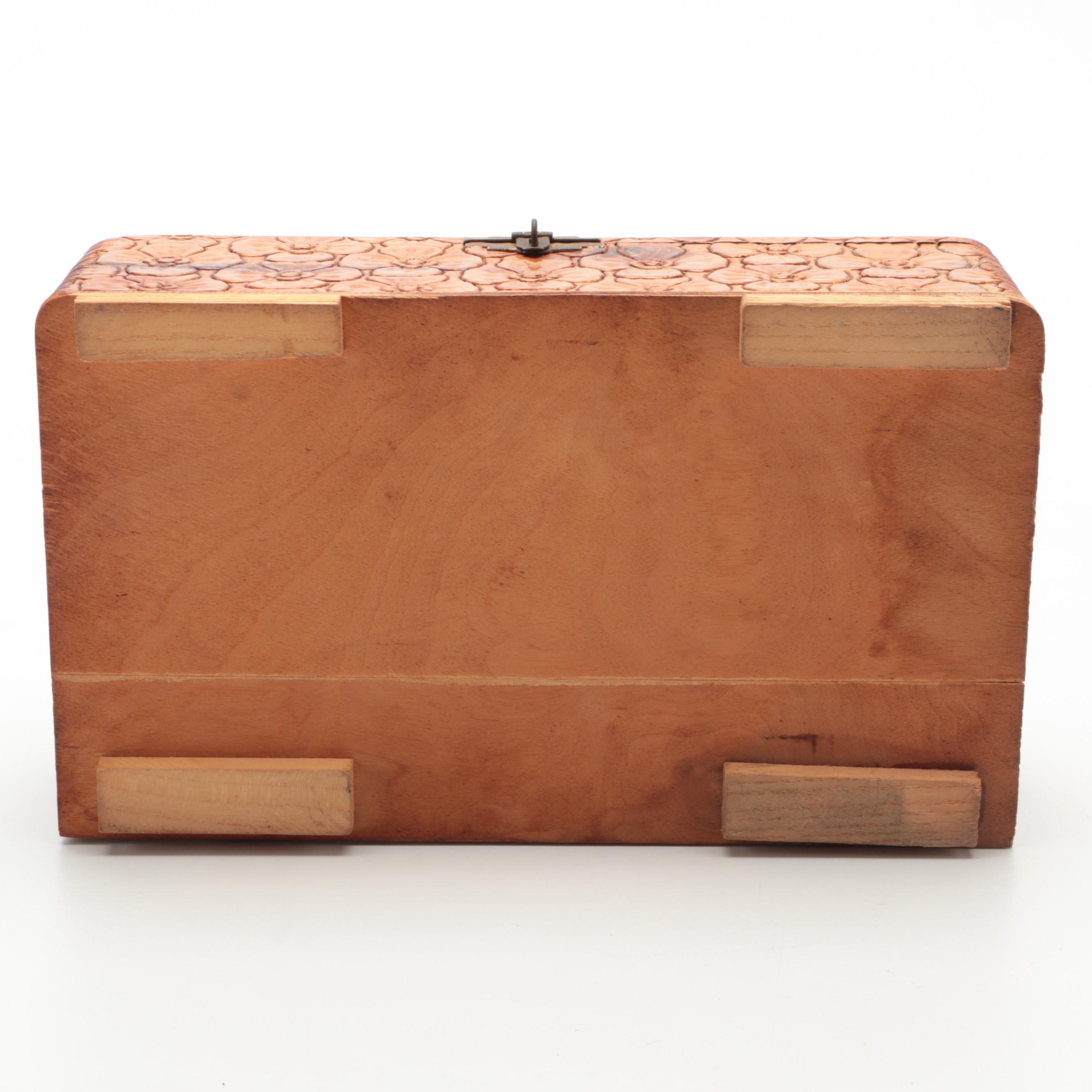 Carved Wooden Box with Duck Shaped Vase and Turned Wood Jar, 20th Century