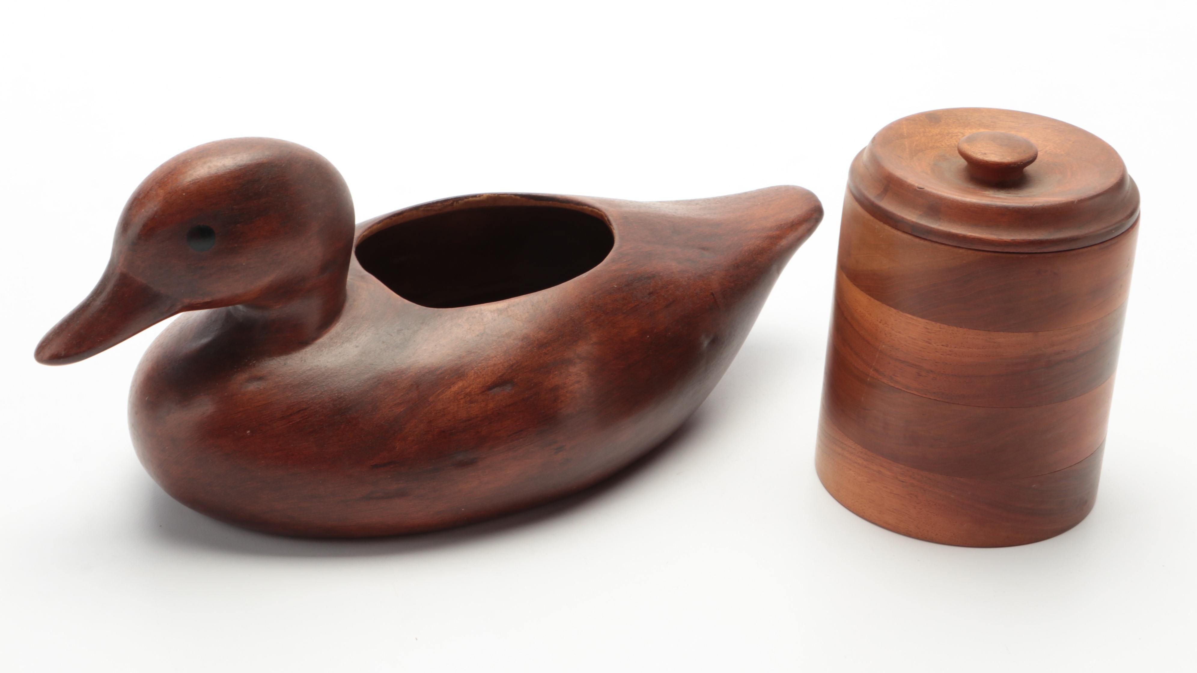Carved Wooden Box with Duck Shaped Vase and Turned Wood Jar, 20th Century