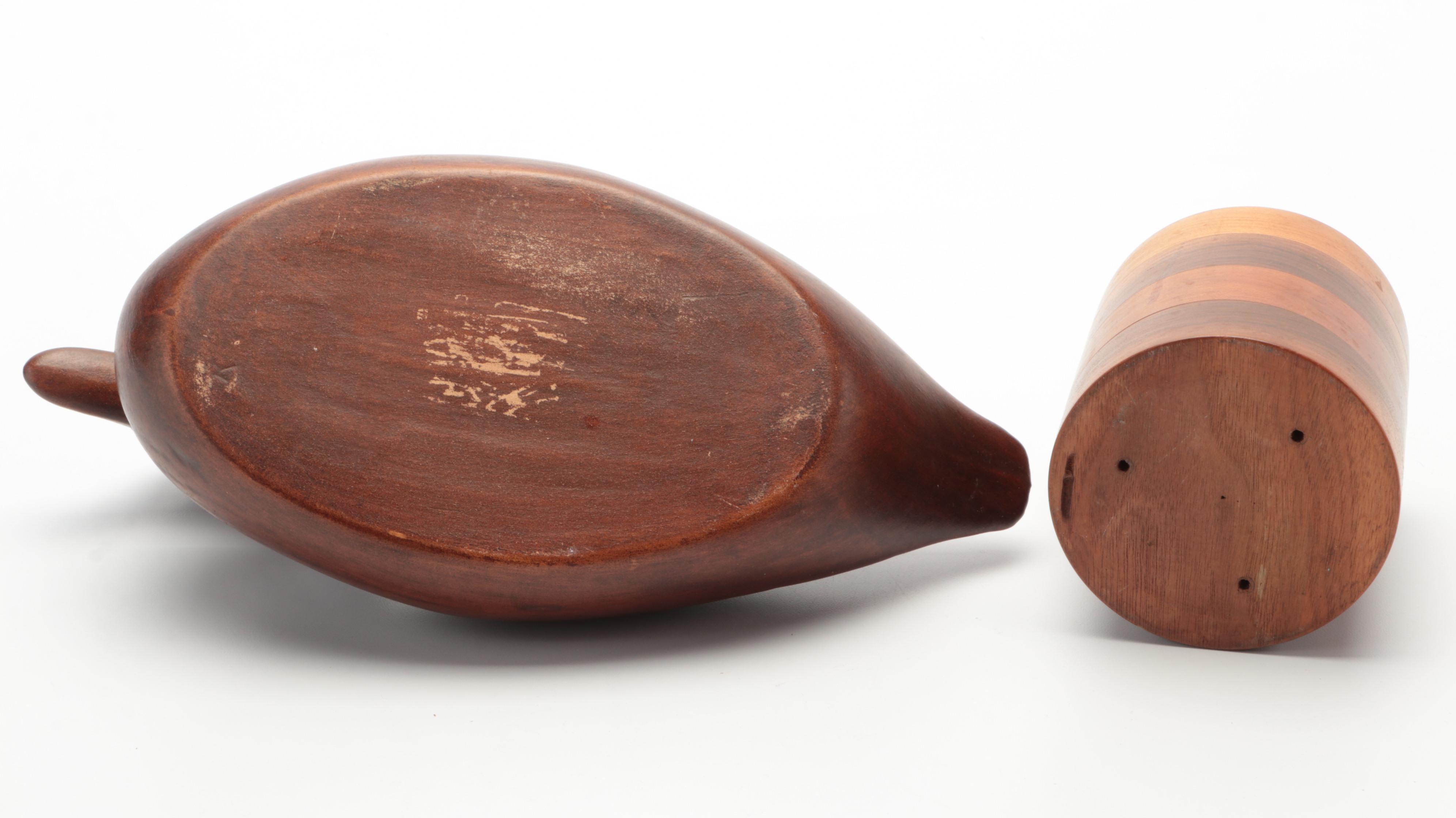 Carved Wooden Box with Duck Shaped Vase and Turned Wood Jar, 20th Century
