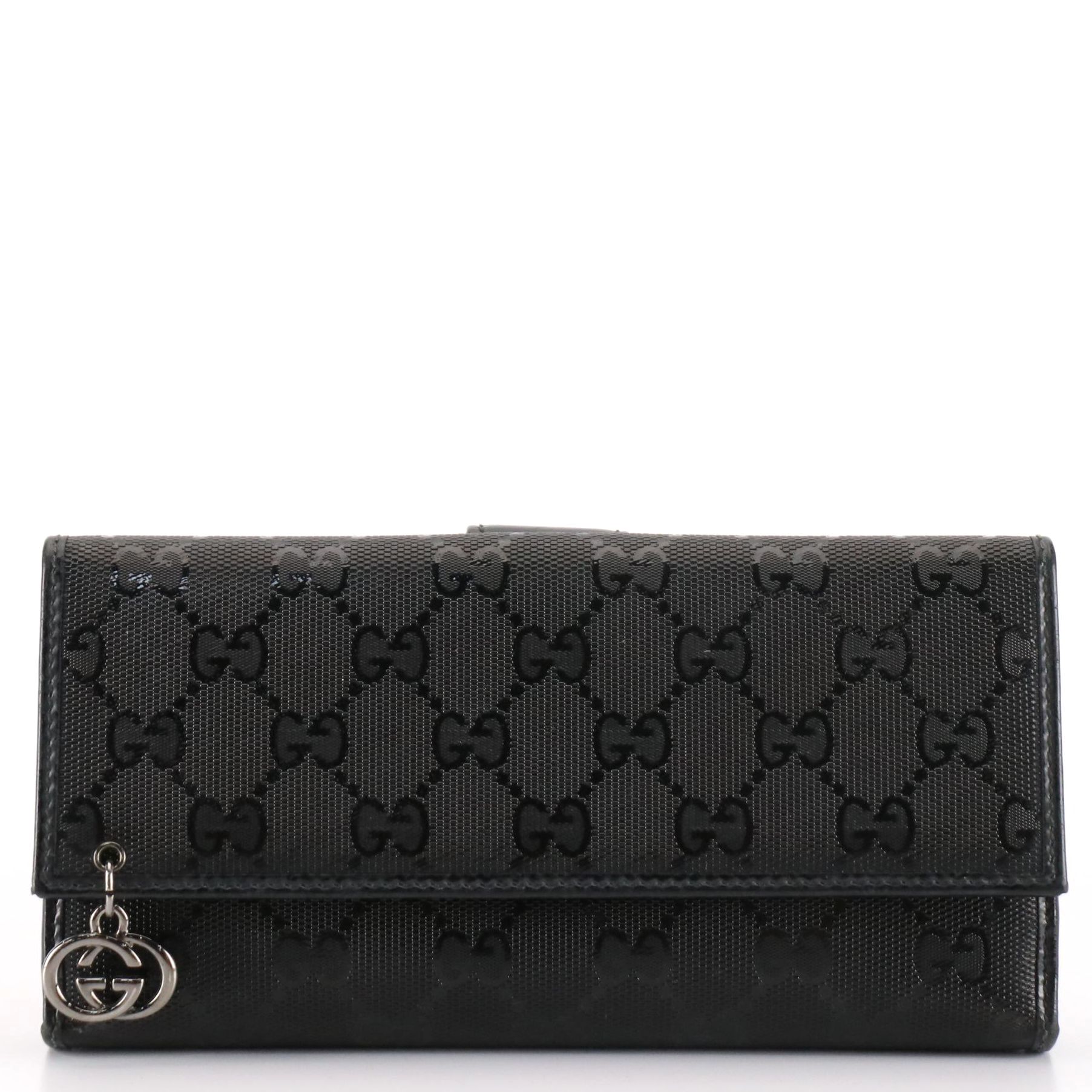 Gucci GG Charm Continental Wallet in Black GG Imprime Coated Canvas with Box