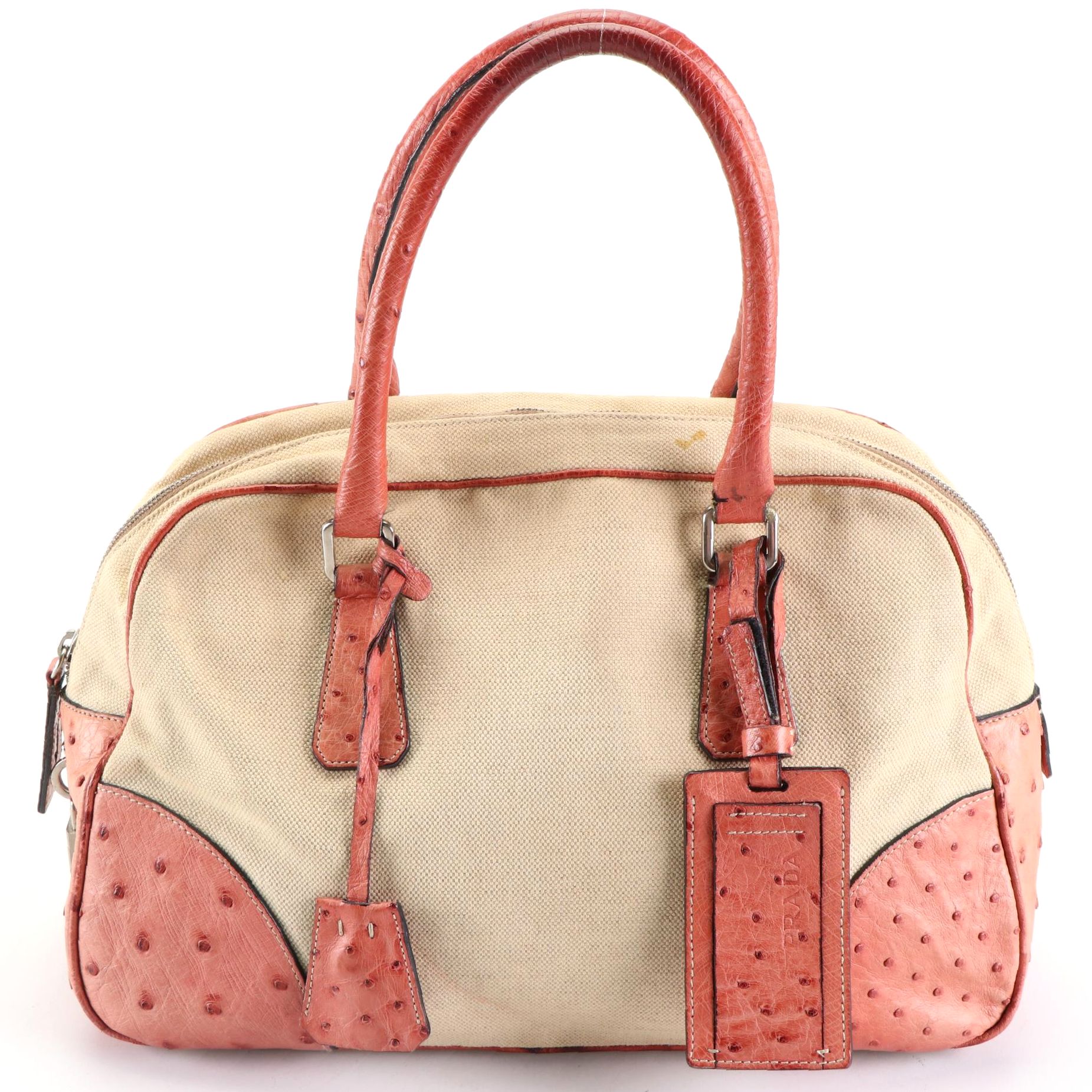Prada Canapa Bowler Bag with Ostrich Trim