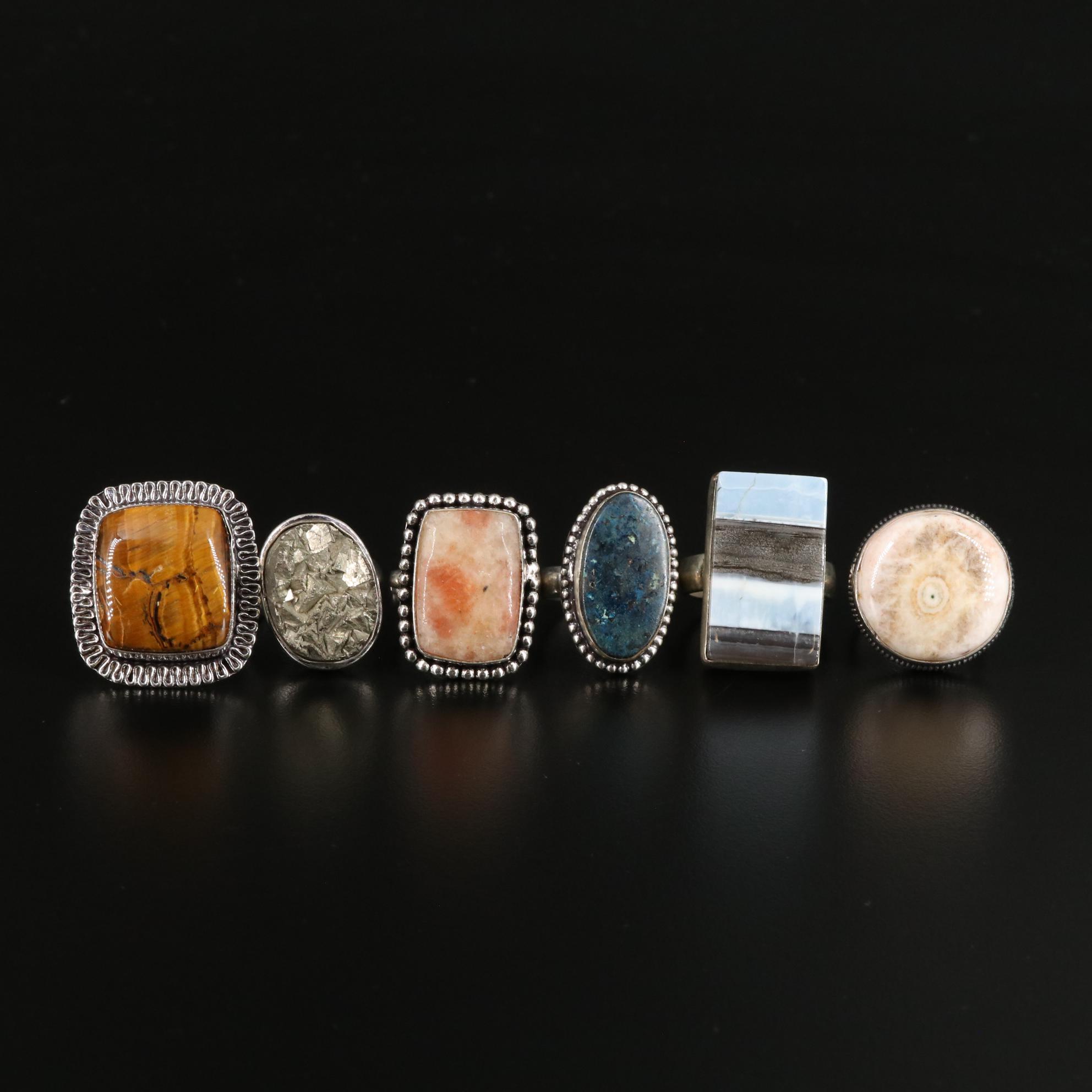 Tiger's Eye, Pyrite and Agate Adjustable Rings Lot
