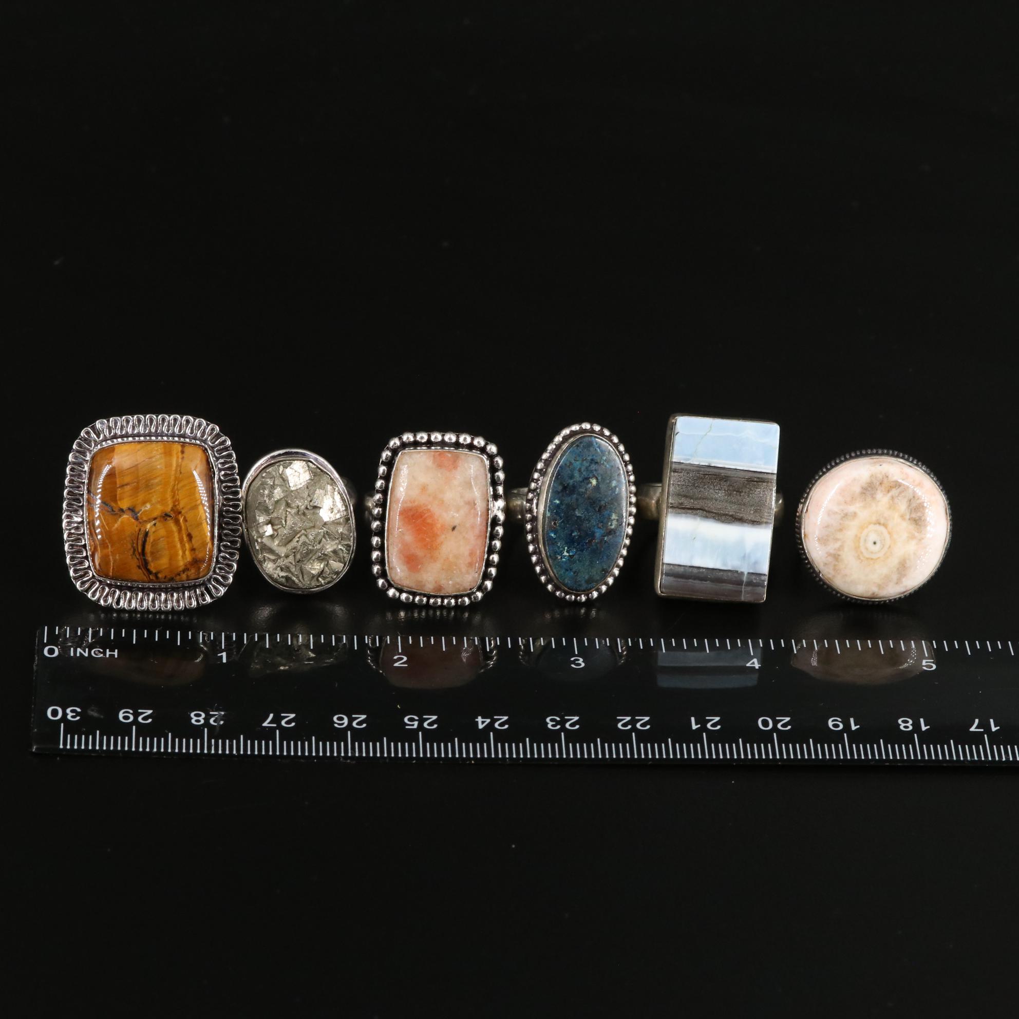 Tiger's Eye, Pyrite and Agate Adjustable Rings Lot