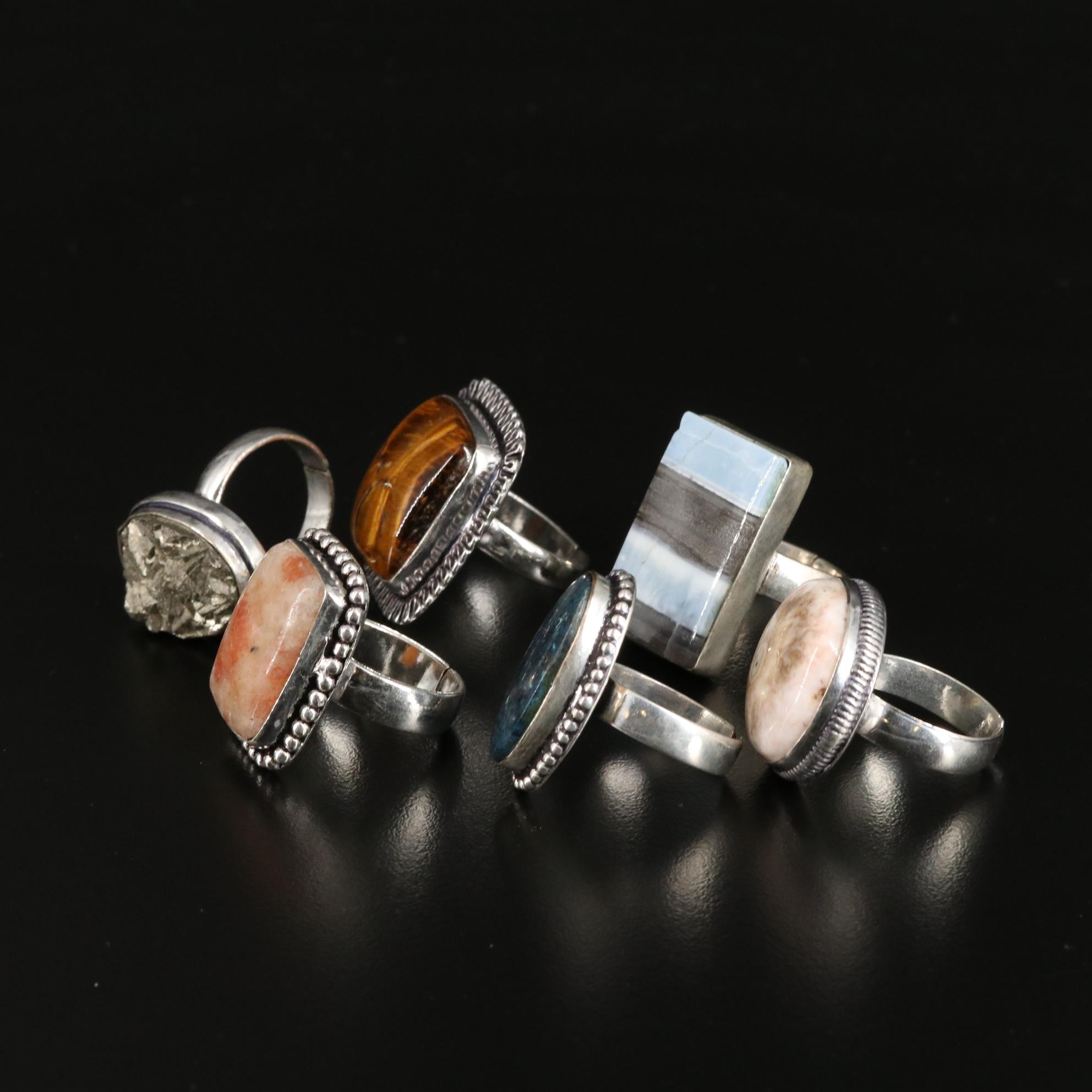 Tiger's Eye, Pyrite and Agate Adjustable Rings Lot