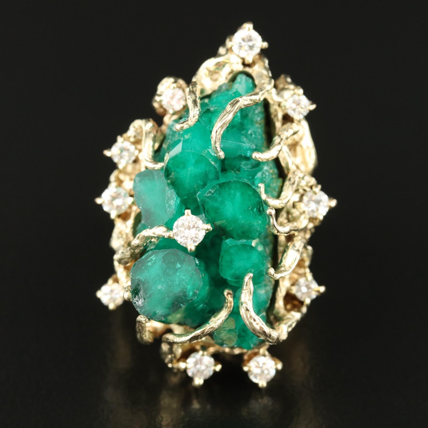 Brutalist 14K Emerald and Diamond Bark Textured Ring
