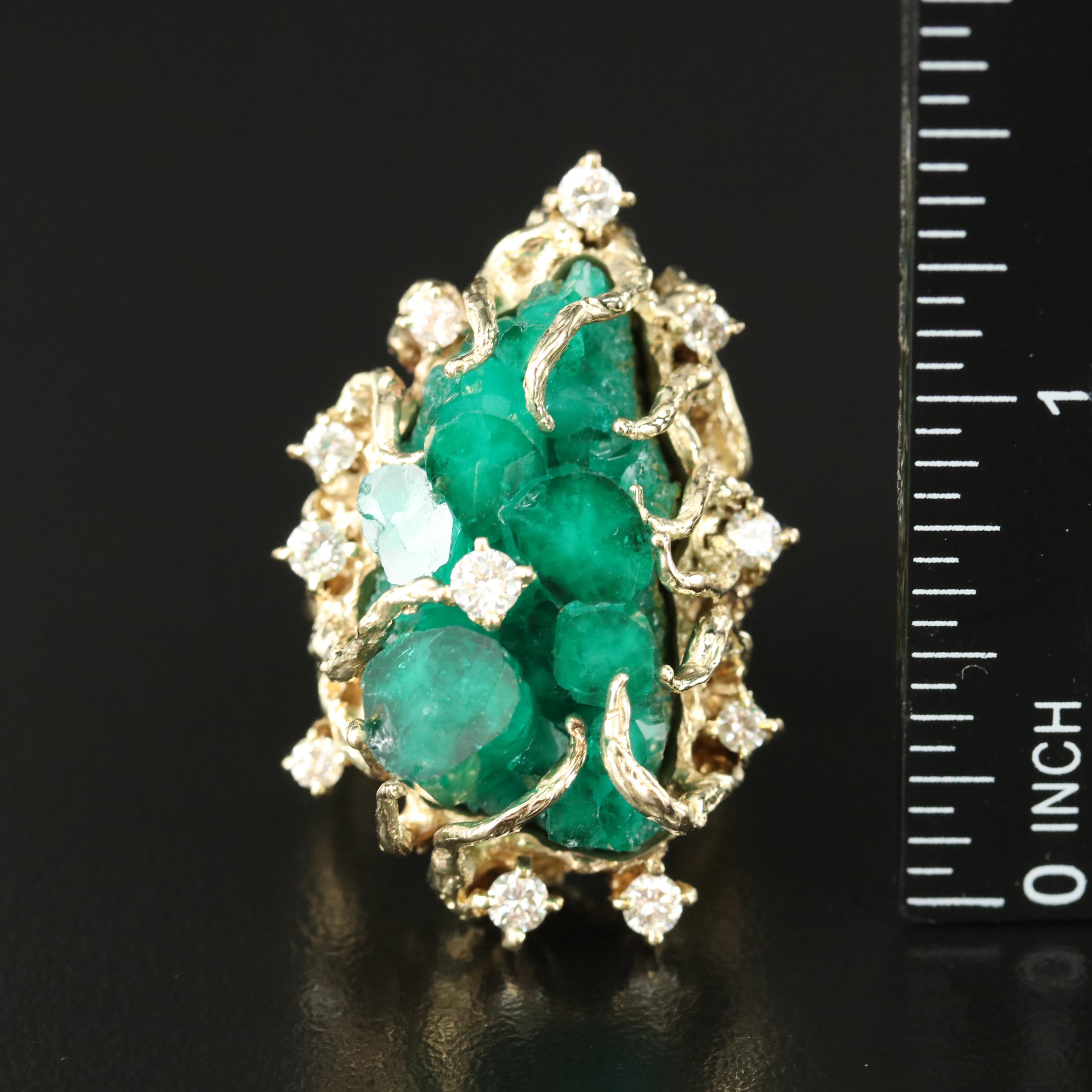 Brutalist 14K Emerald and Diamond Bark Textured Ring
