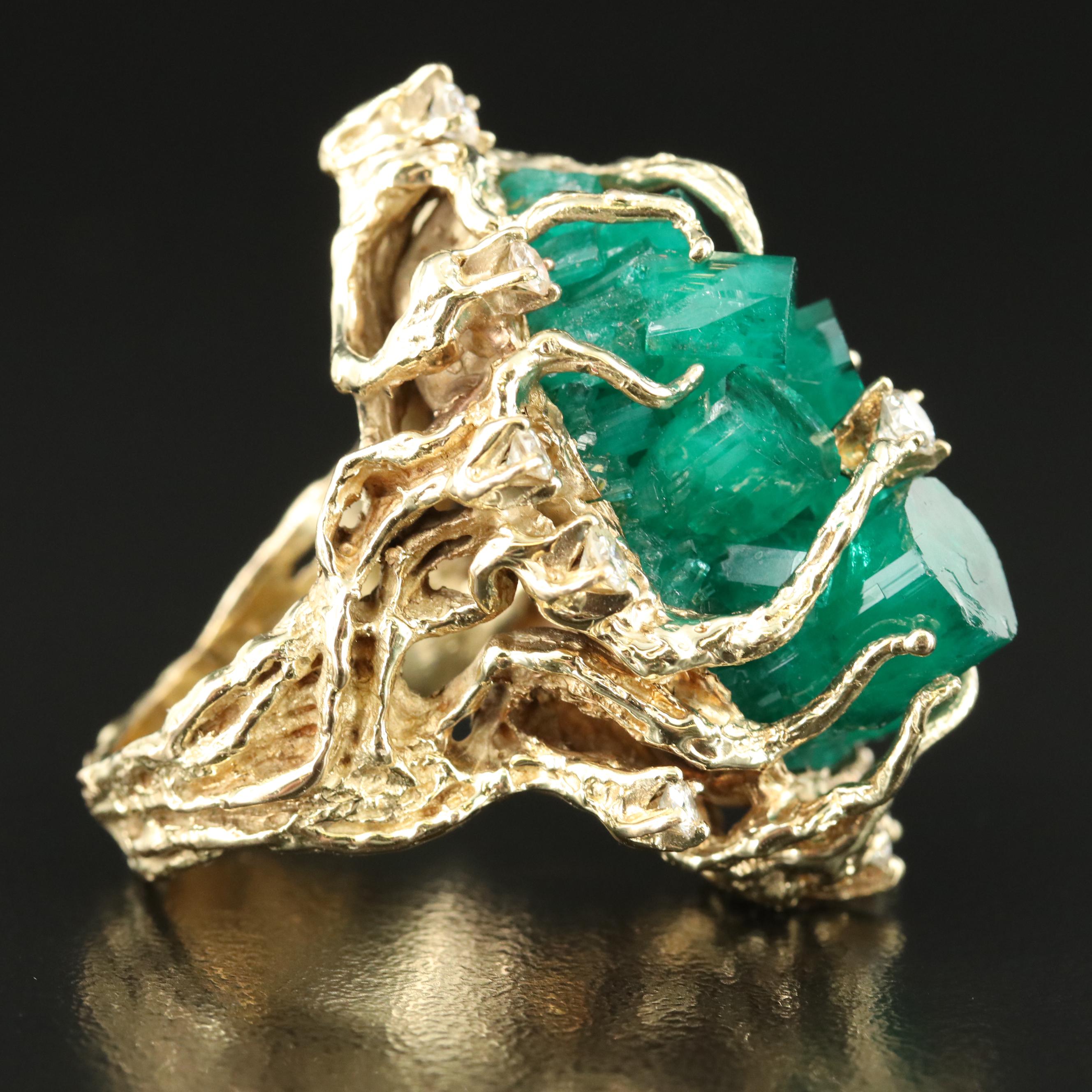 Brutalist 14K Emerald and Diamond Bark Textured Ring