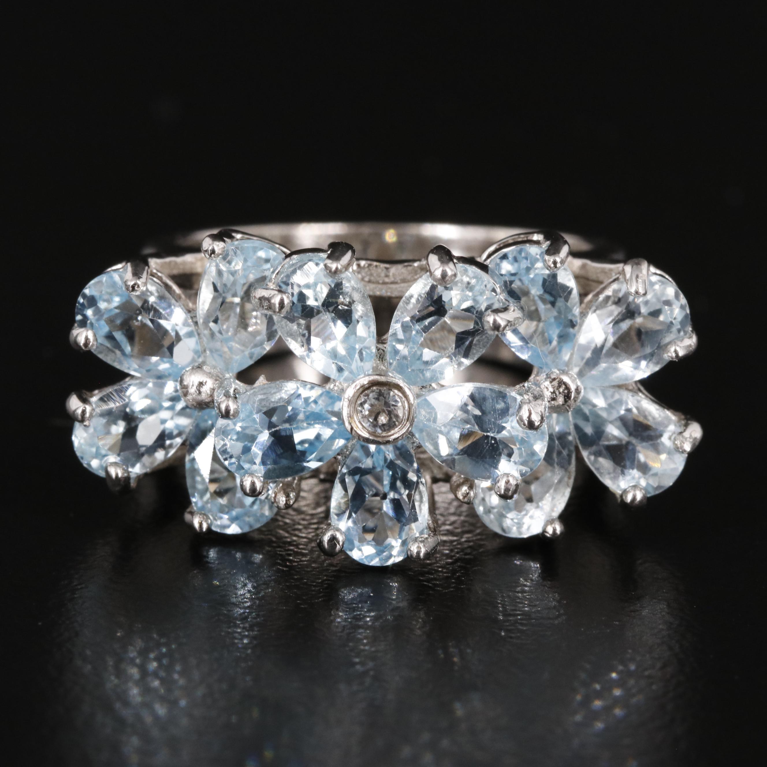 Sterling Blue Topaz Floral Cluster Ring