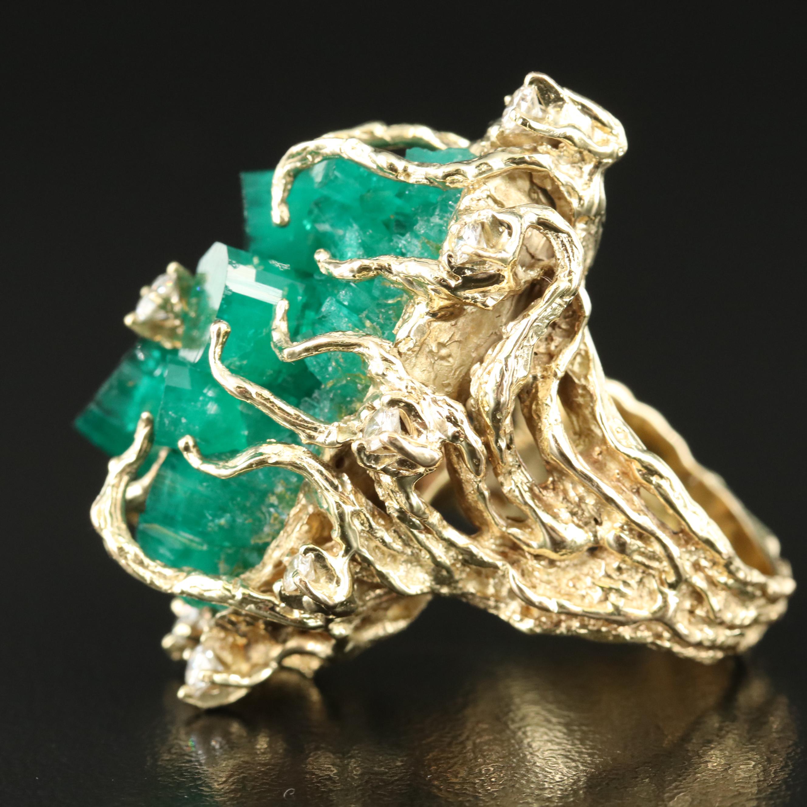 Brutalist 14K Emerald and Diamond Bark Textured Ring