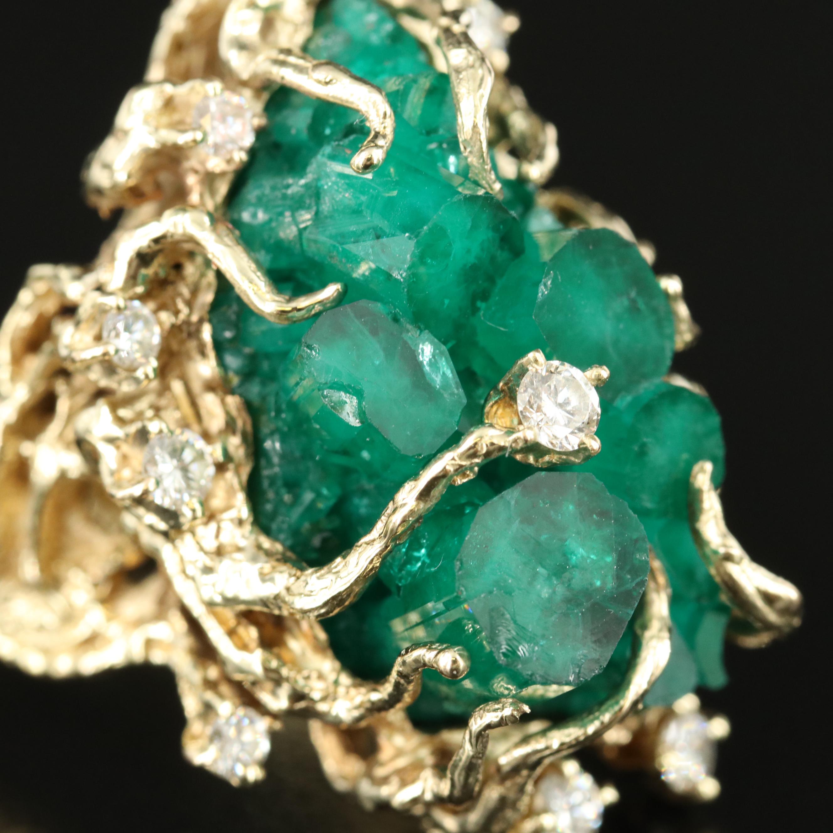 Brutalist 14K Emerald and Diamond Bark Textured Ring