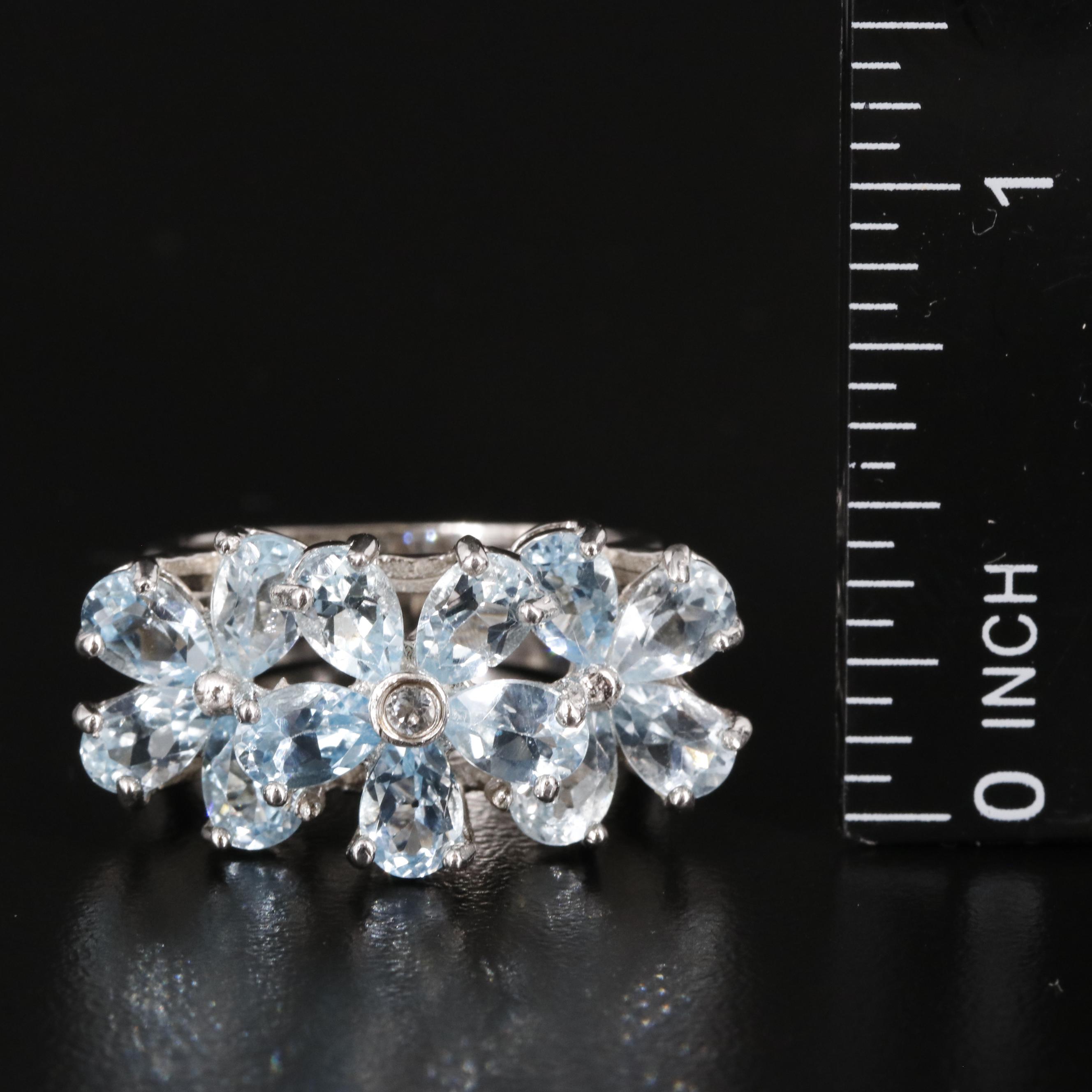 Sterling Blue Topaz Floral Cluster Ring