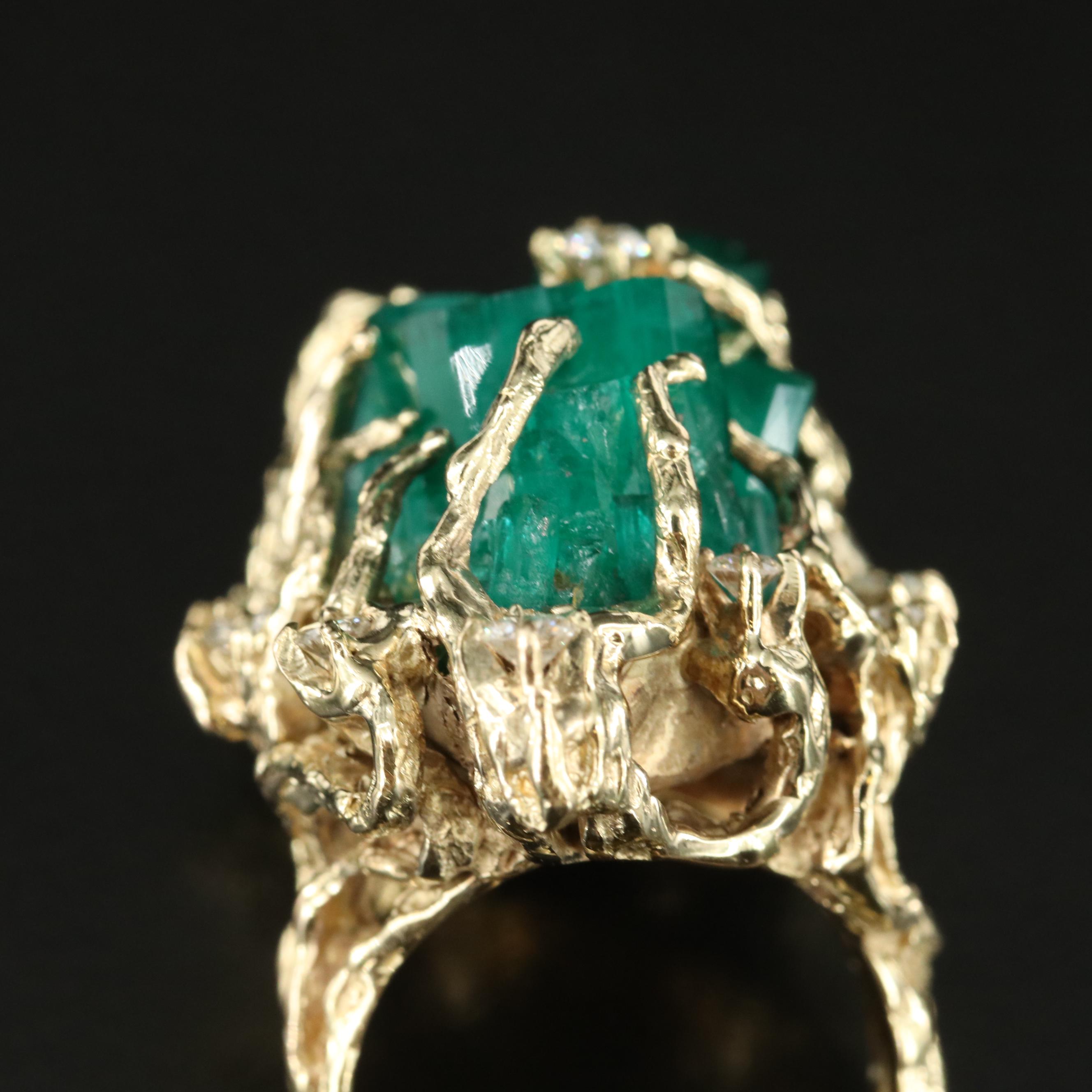 Brutalist 14K Emerald and Diamond Bark Textured Ring